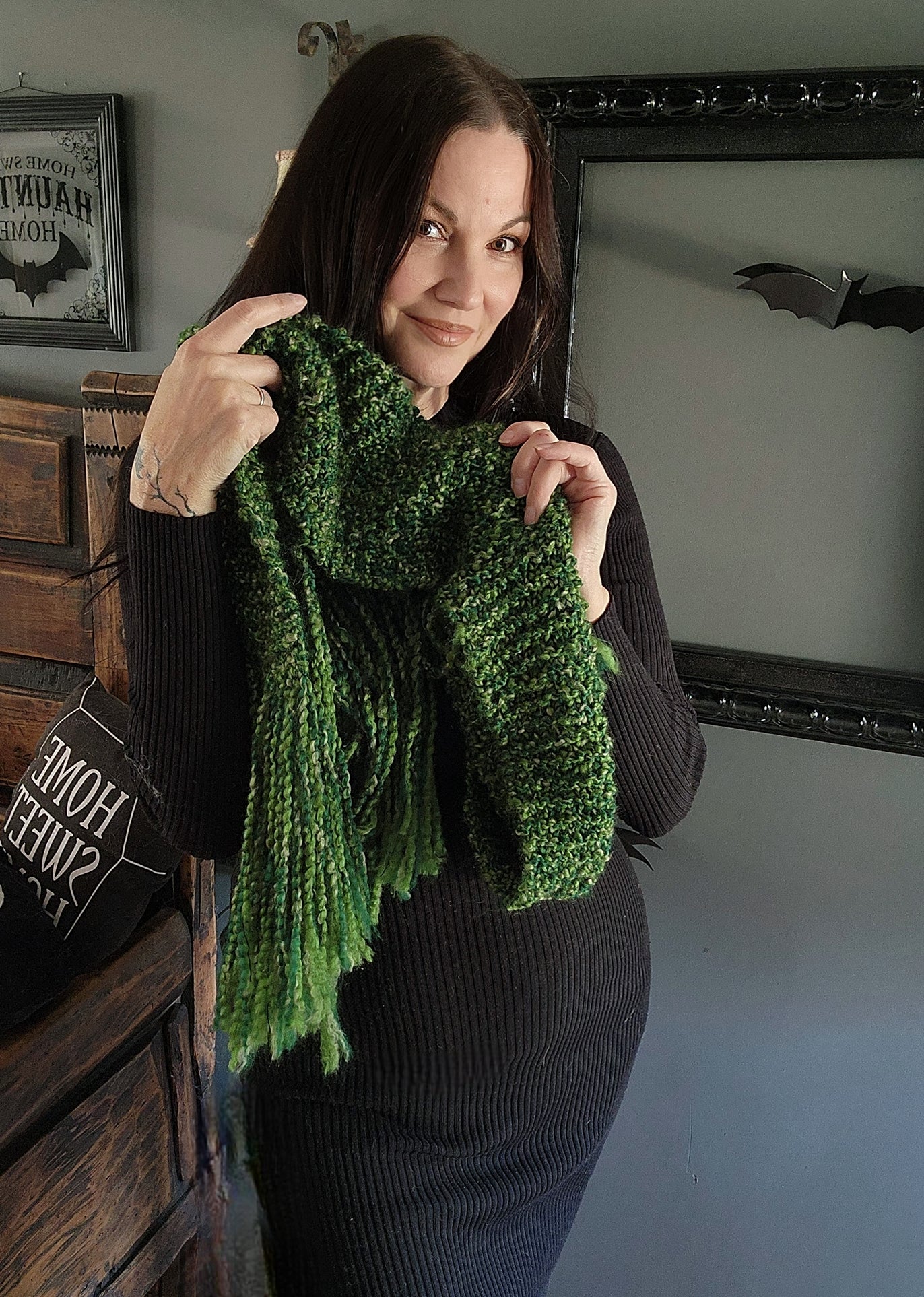 Emerald Isle" Green HandKnit Extra Long Scarf With Fringe
