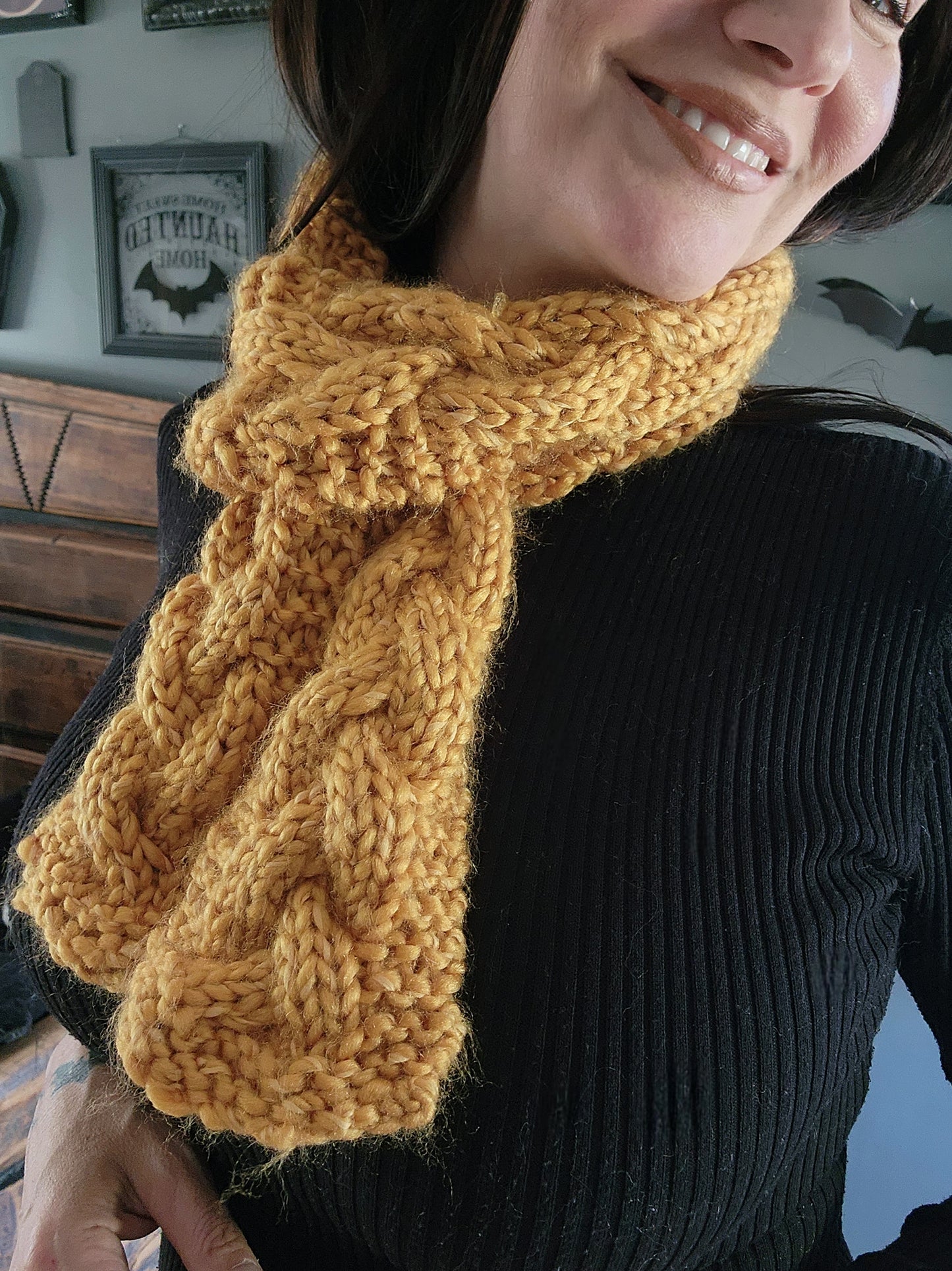 Hand Knit Cable Scarf in Mustard Yellow, the "Candlelight"