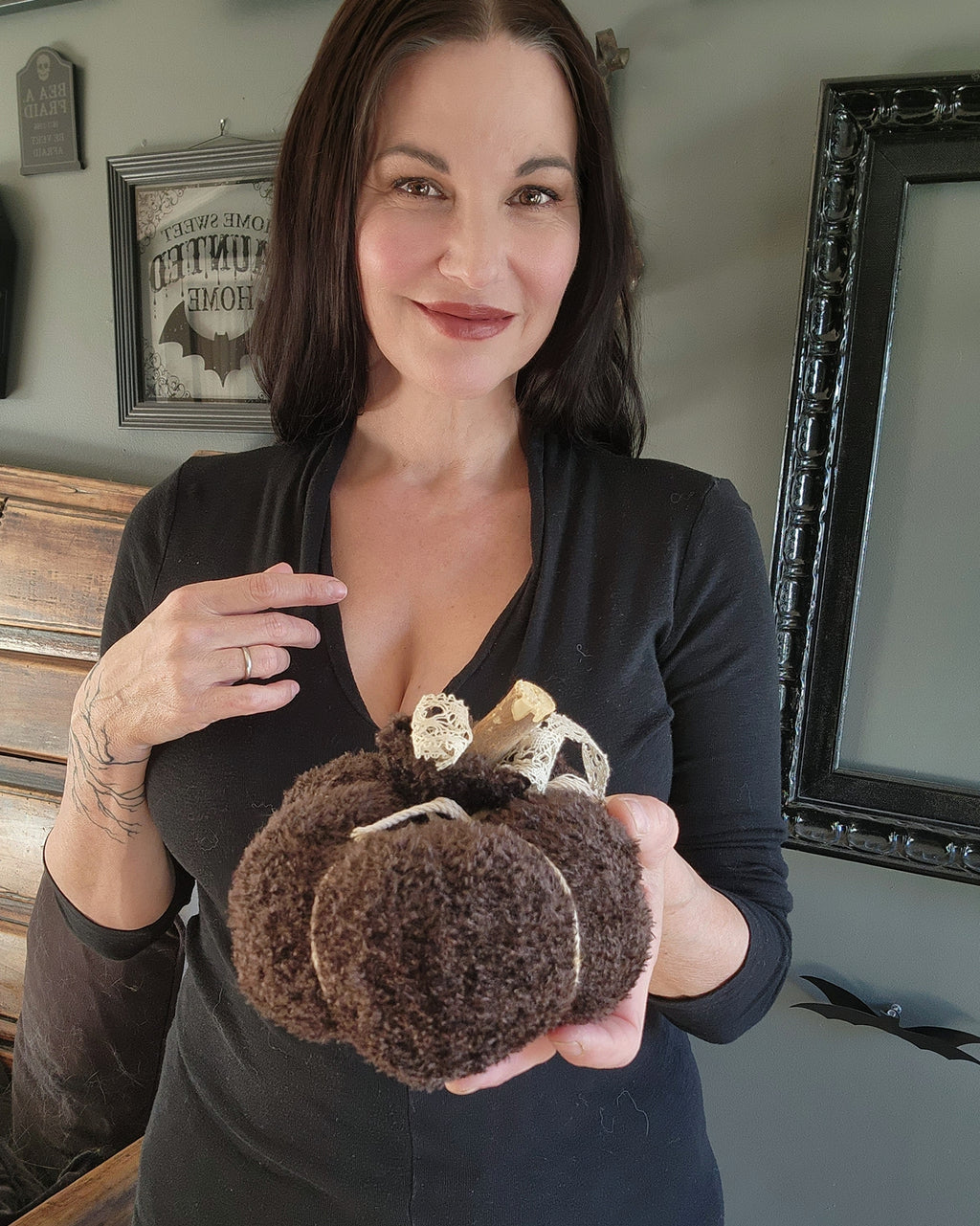 "Cafe Au Chocolat" Brown Knit Pumpkin Pillow Pouf with Vintage Ribbon and Lace