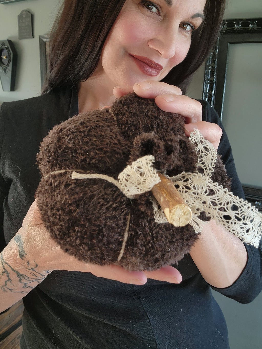 "Cafe Au Chocolat" Brown Knit Pumpkin Pillow Pouf with Vintage Ribbon and Lace