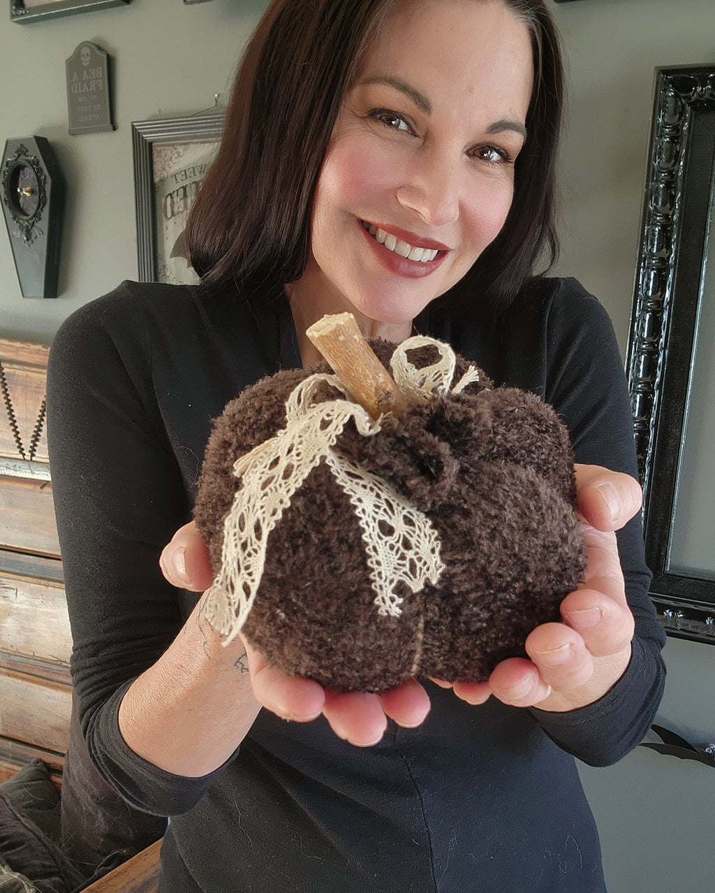 "Cafe Au Chocolat" Brown Knit Pumpkin Pillow Pouf with Vintage Ribbon and Lace
