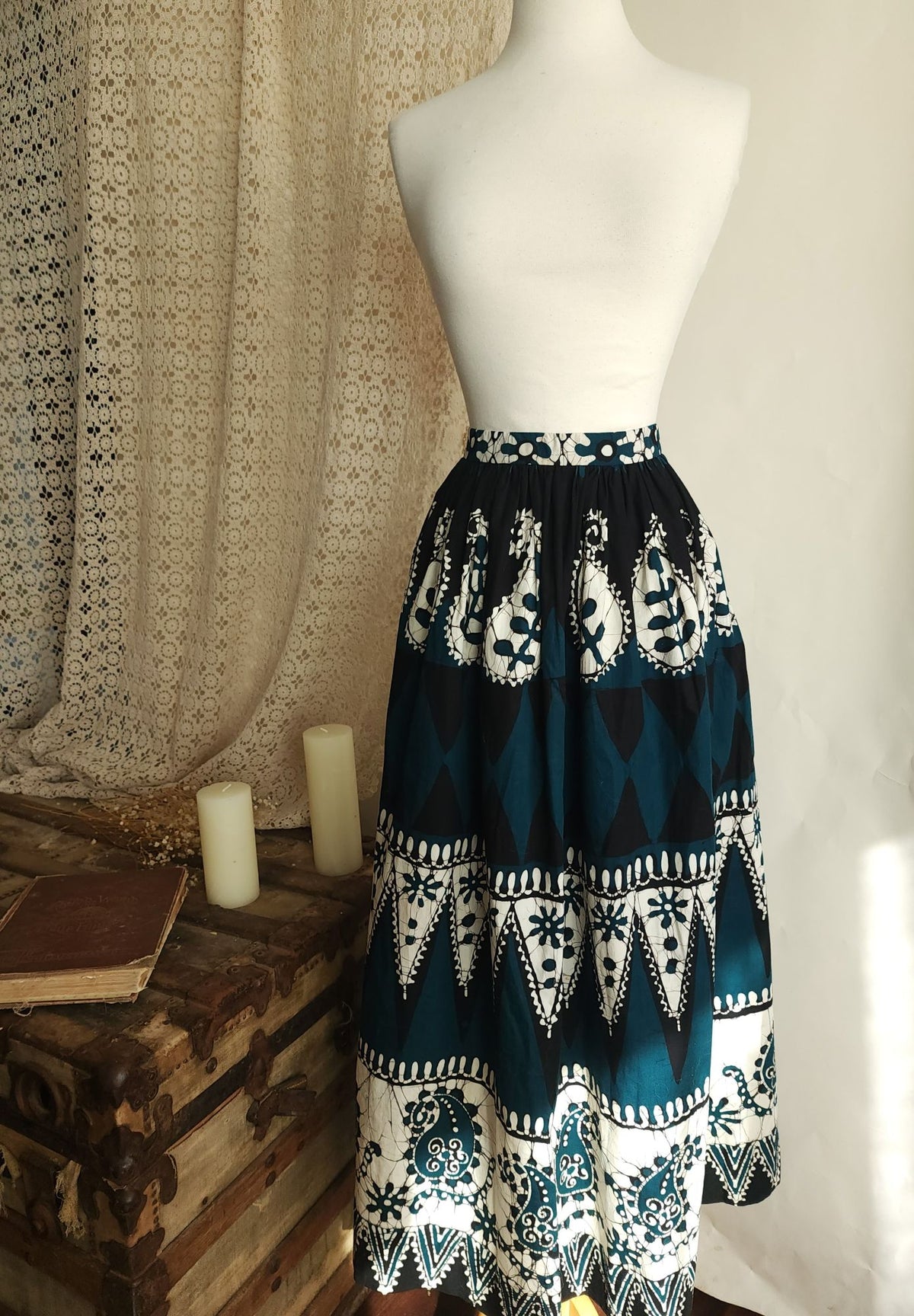 Vintage 1960s 1970s Black Teal and White Maxiskirt in a Batik Print