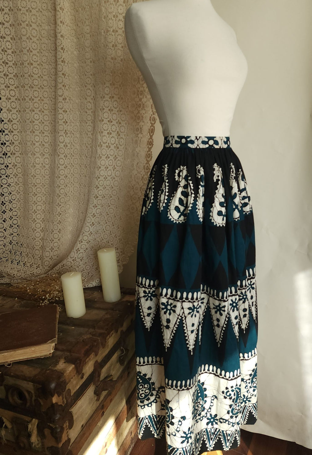 Vintage 1960s 1970s Black Teal and White Maxiskirt in a Batik Print