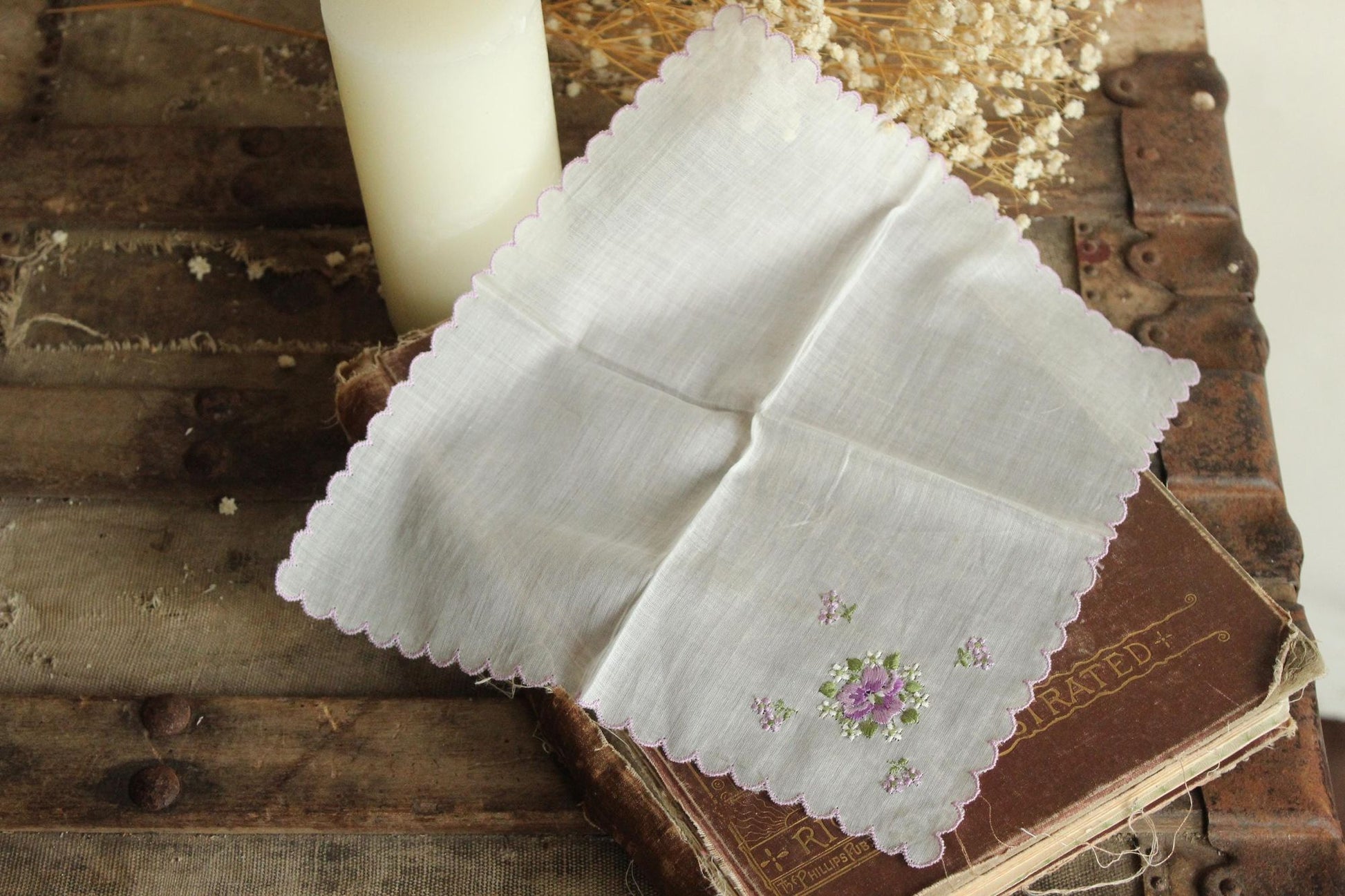 Vintage Purple Violet Flower Embroidery on White Handkerchief