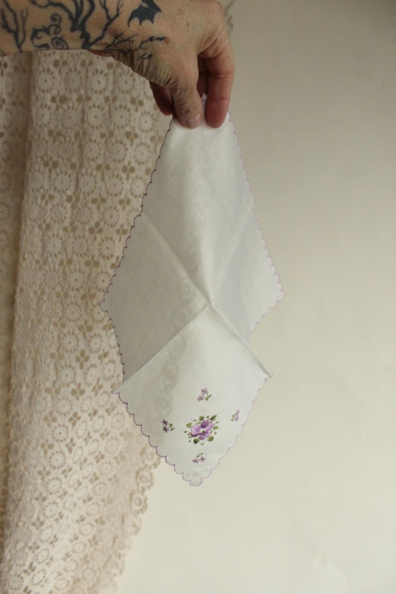 Vintage Purple Violet Flower Embroidery on White Handkerchief