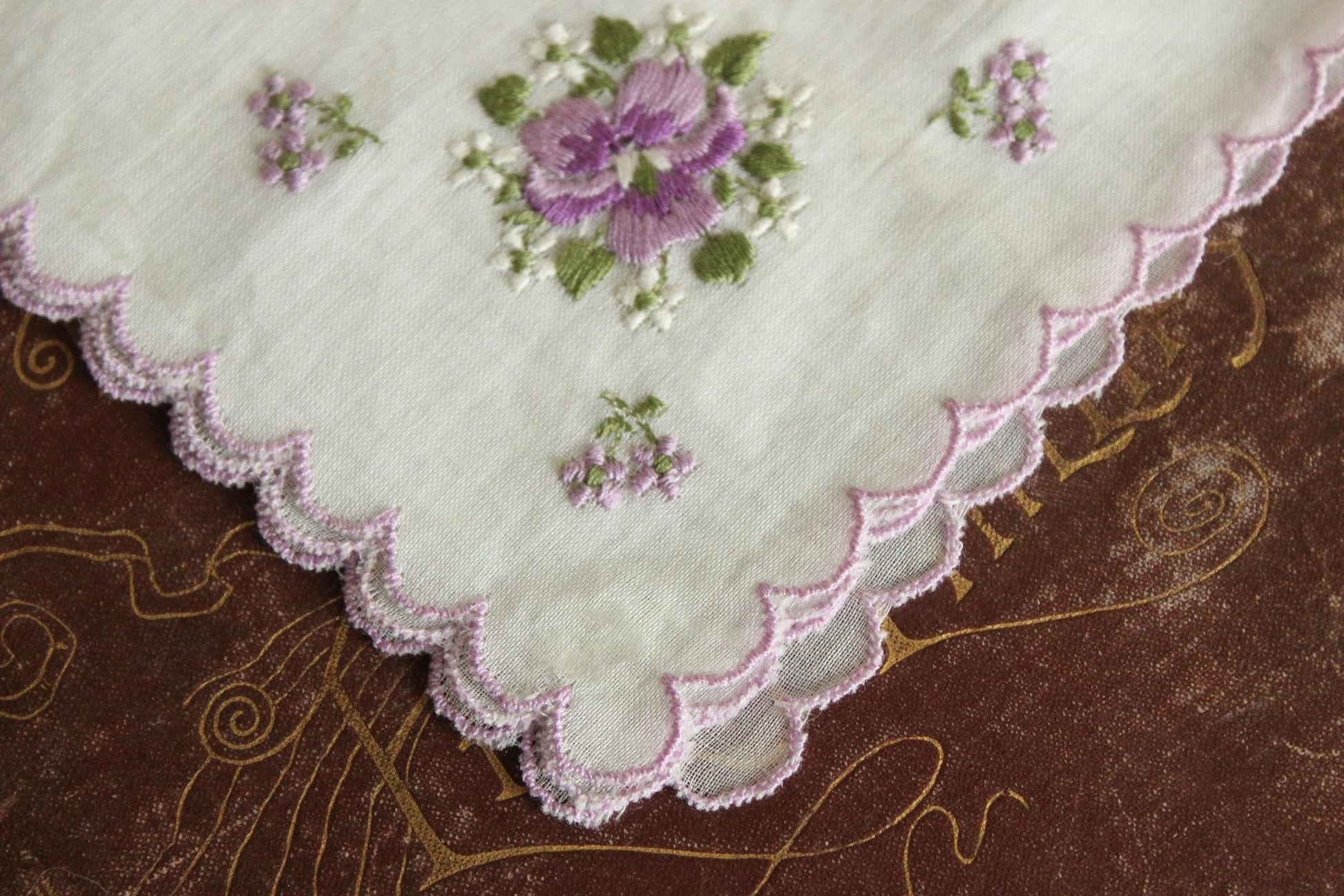 Vintage Purple Violet Flower Embroidery on White Handkerchief