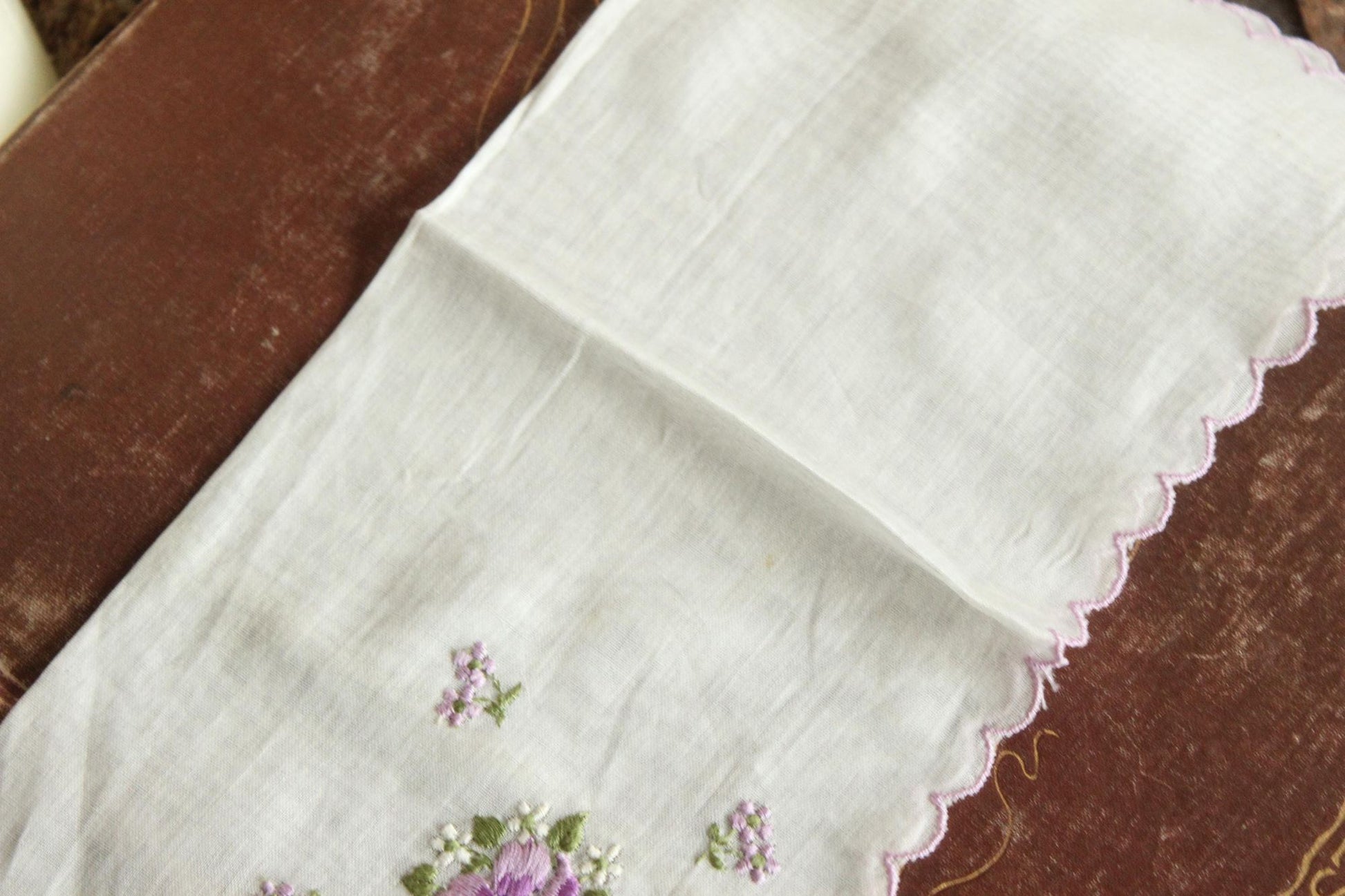 Vintage Purple Violet Flower Embroidery on White Handkerchief