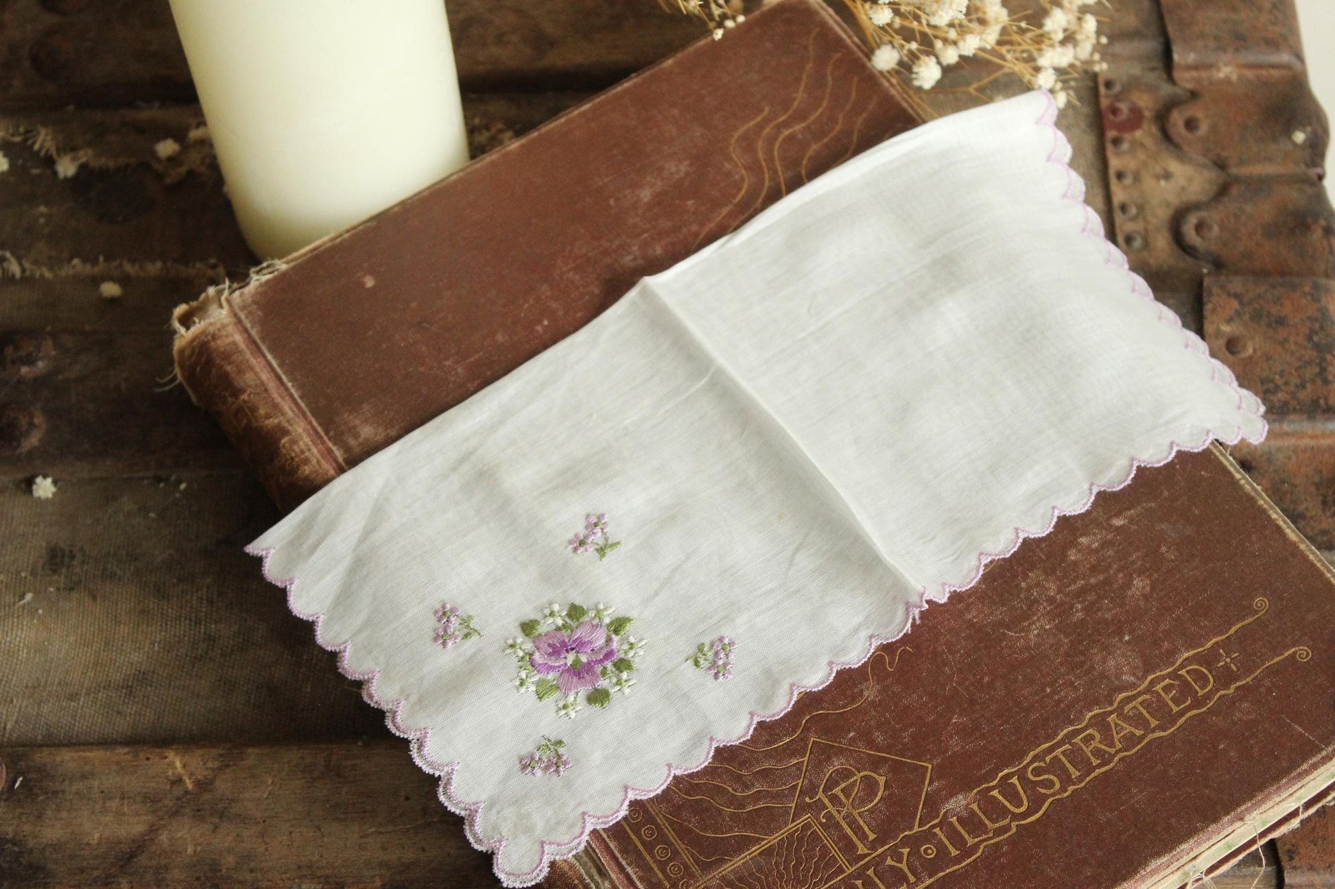 Vintage Purple Violet Flower Embroidery on White Handkerchief