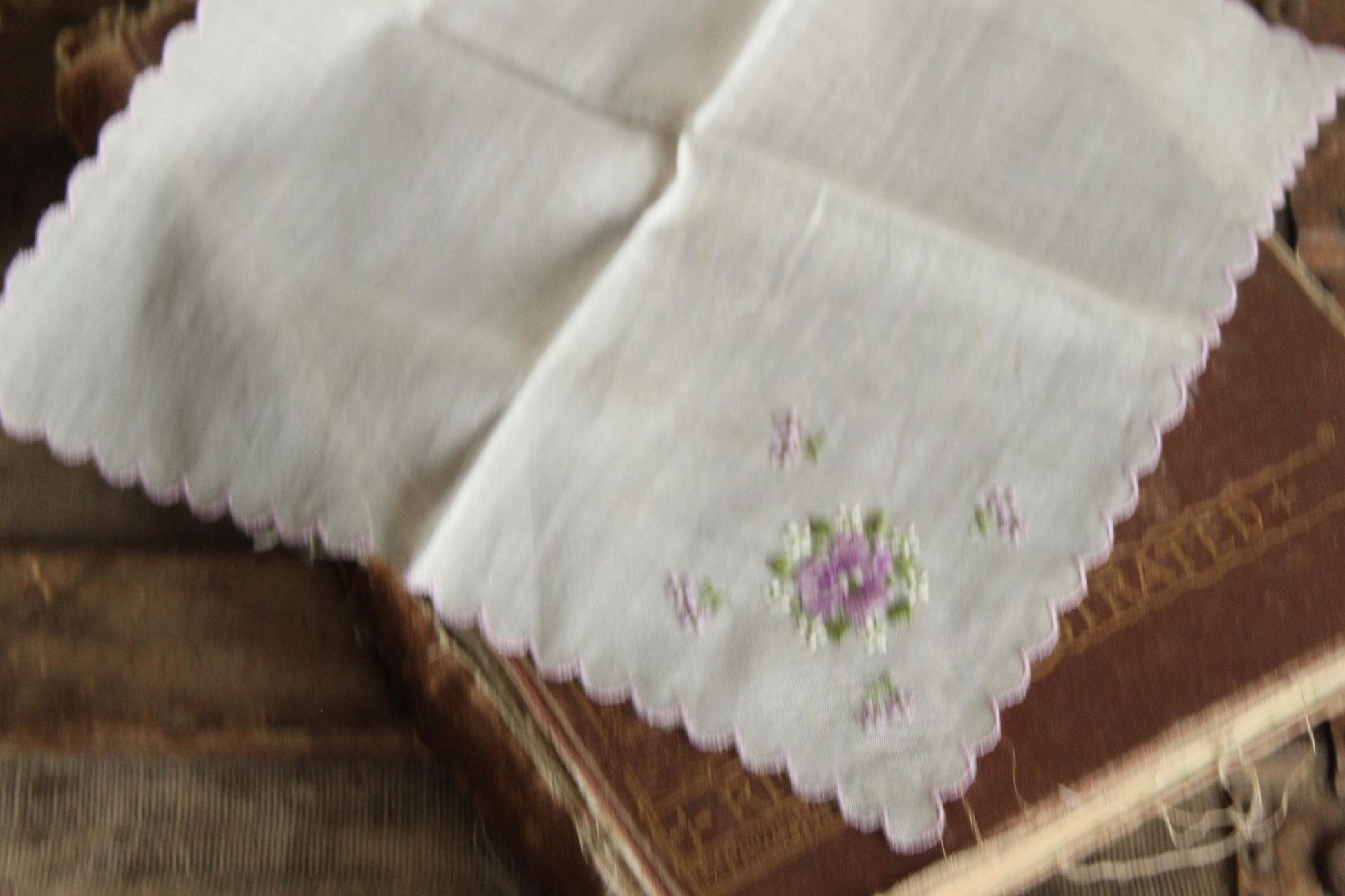 Vintage Purple Violet Flower Embroidery on White Handkerchief