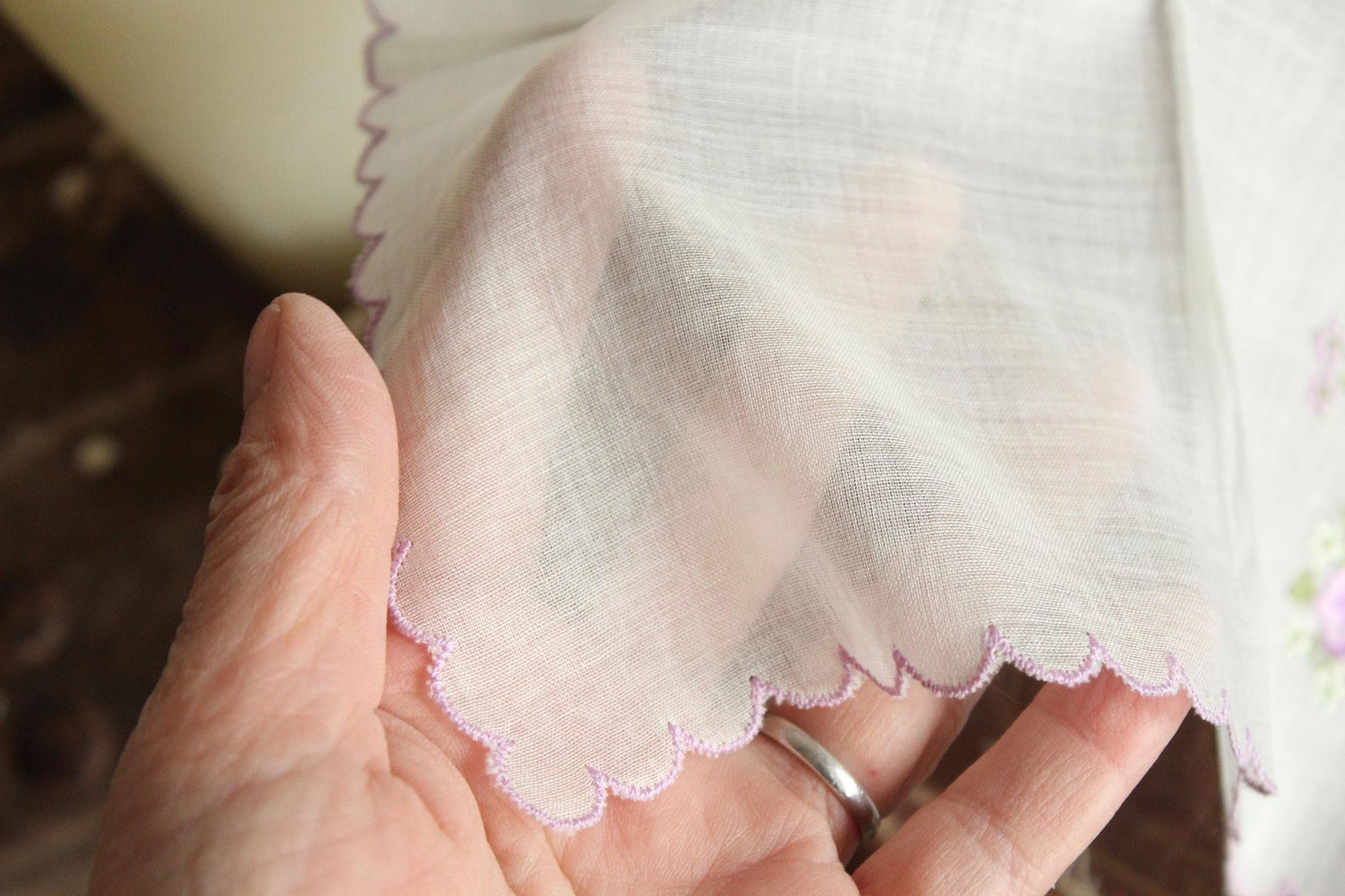 Vintage Purple Violet Flower Embroidery on White Handkerchief