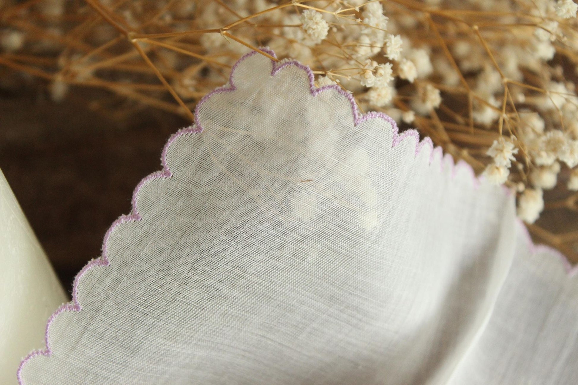 Vintage Purple Violet Flower Embroidery on White Handkerchief