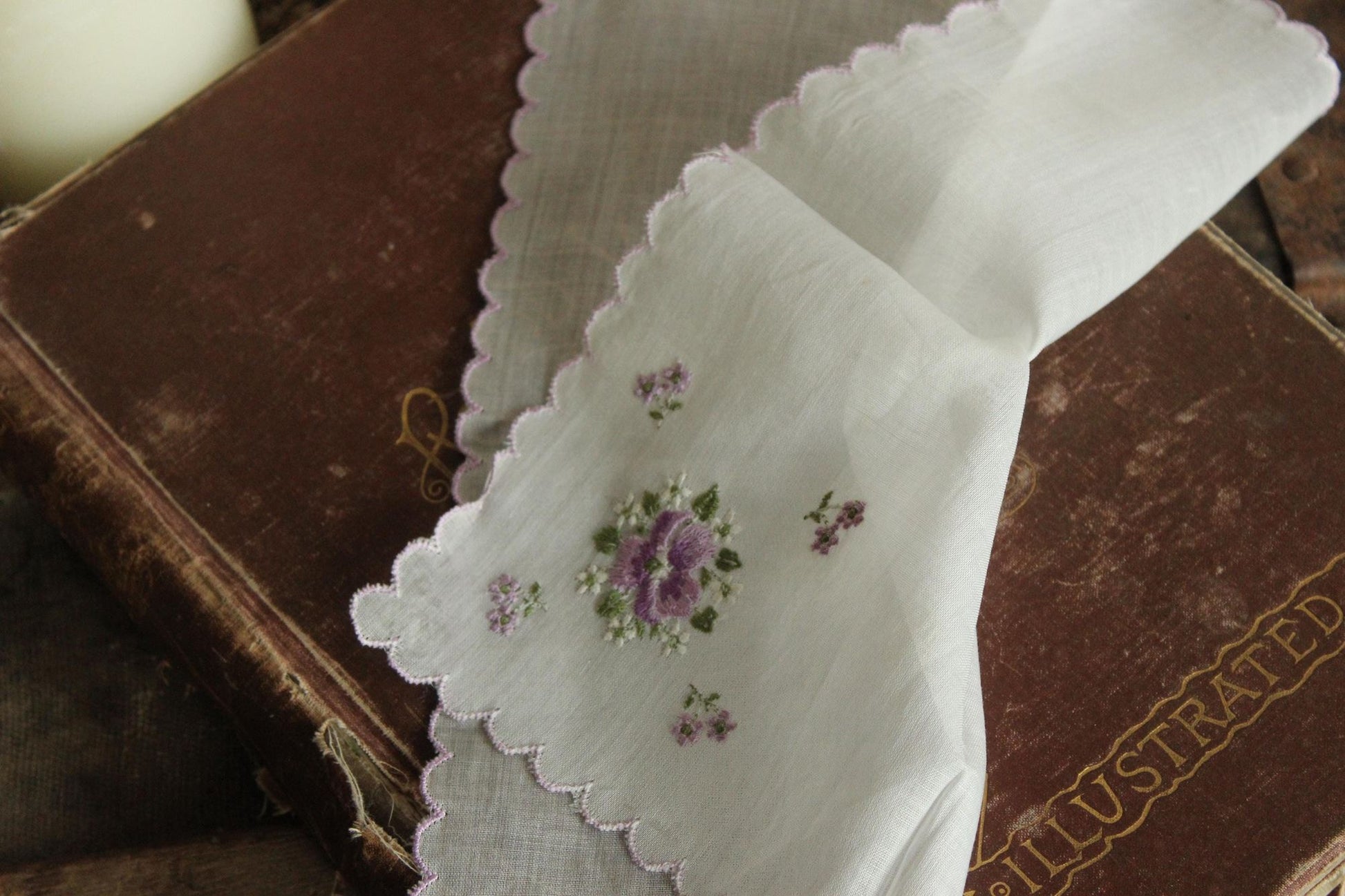 Vintage Purple Violet Flower Embroidery on White Handkerchief