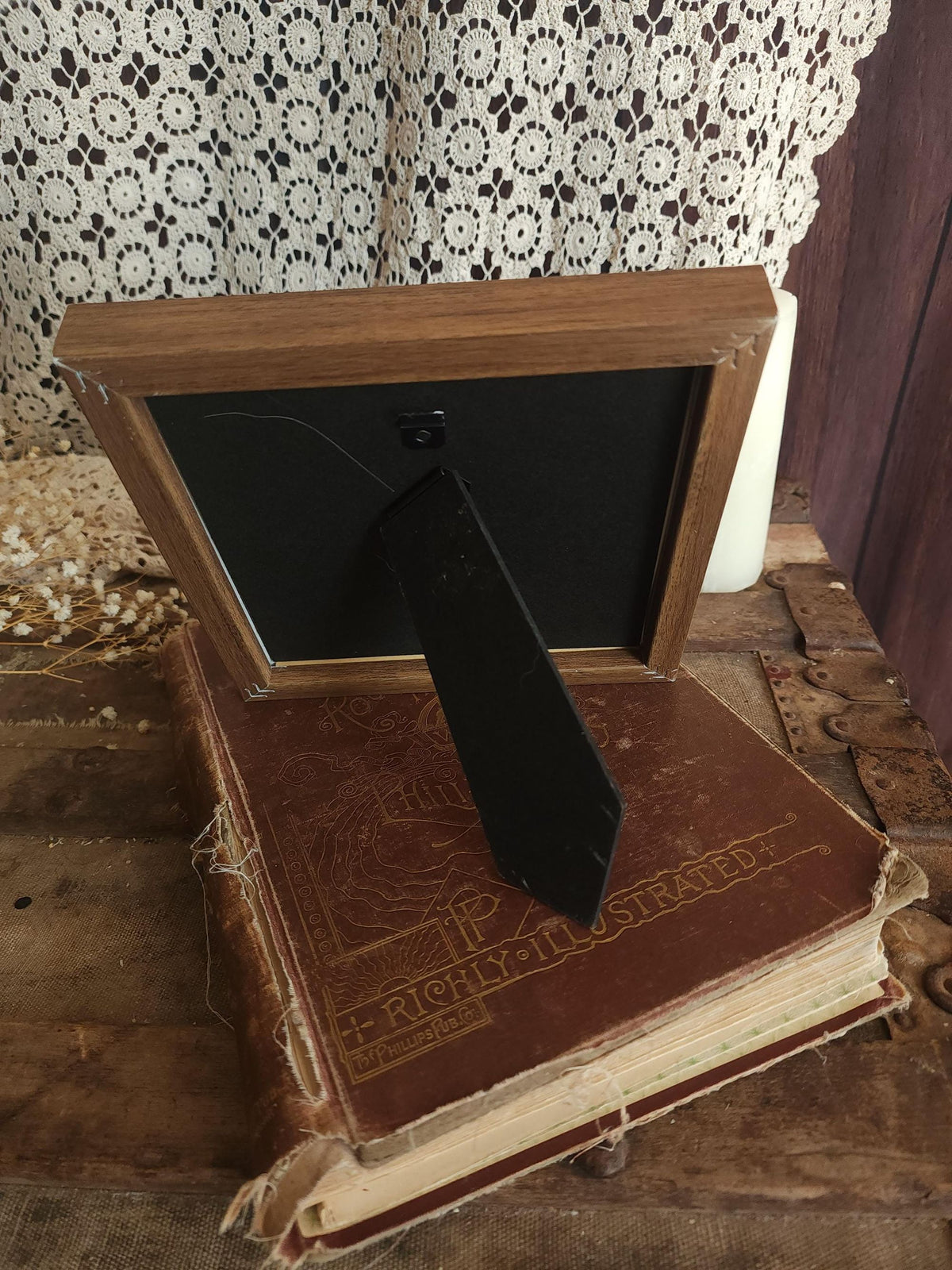 Pressed Dried Queen Annes Lace in a Brown Wood Look Frame