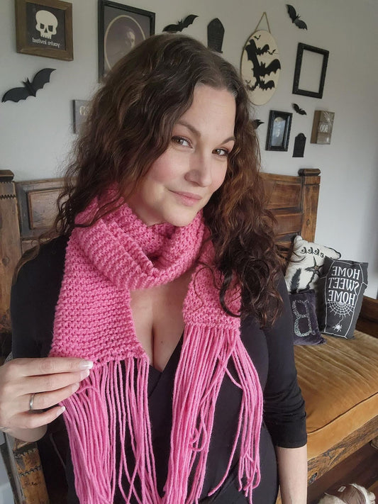 HandKnit Pink Scarf, Extra Long Yarn With Fringe