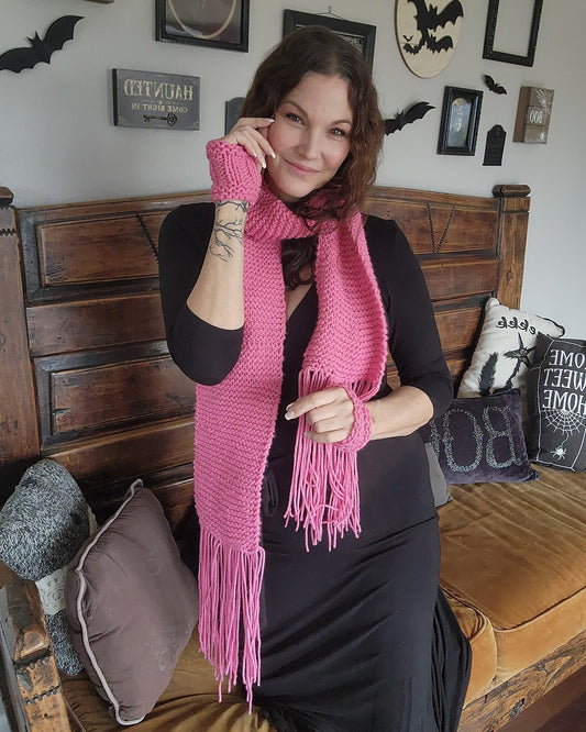 HandKnit Pink Scarf, Extra Long Yarn With Fringe