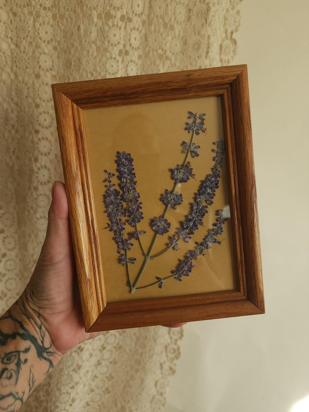 Pressed Dried Russian Sage Flowers in Vintage Wood Frame