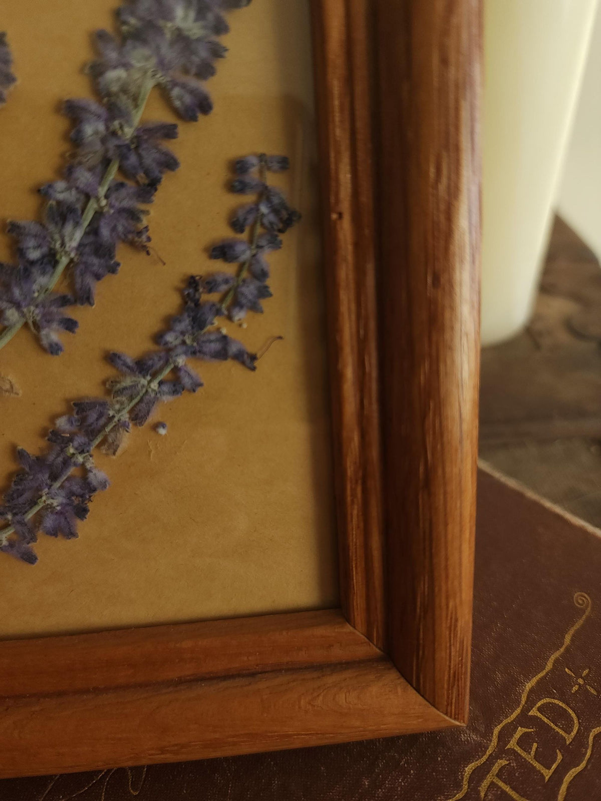 Pressed Dried Russian Sage Flowers in Vintage Wood Frame
