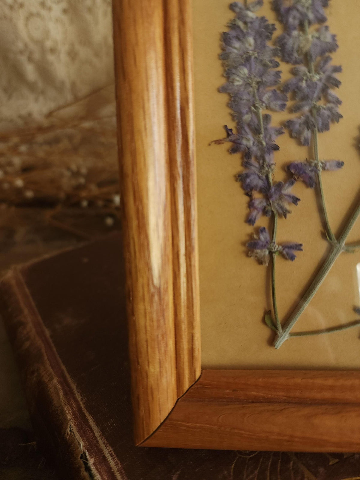 Pressed Dried Russian Sage Flowers in Vintage Wood Frame