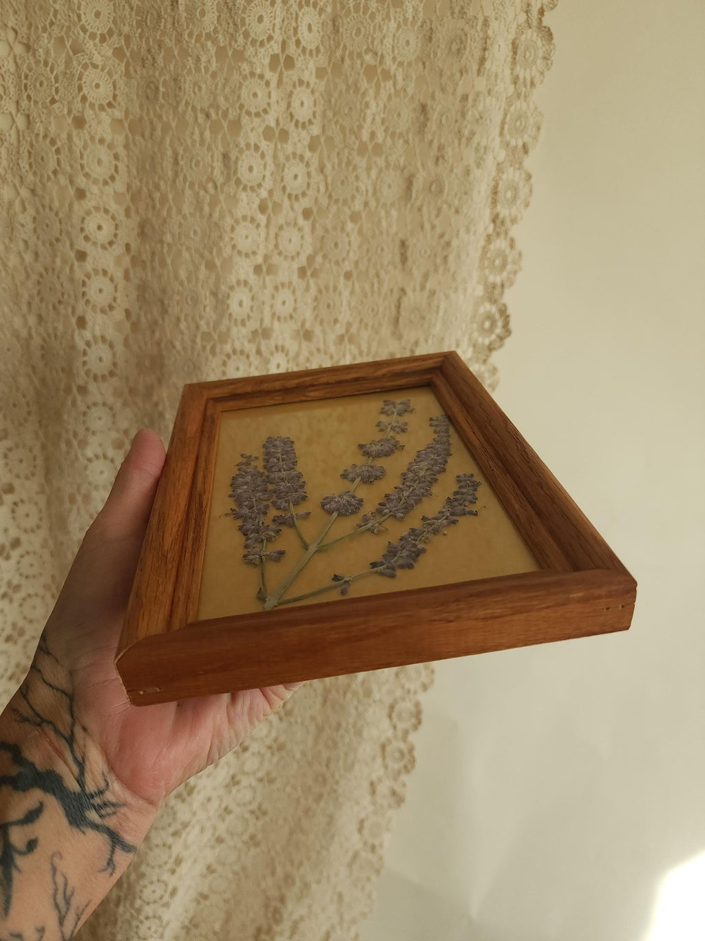 Pressed Dried Russian Sage Flowers in Vintage Wood Frame