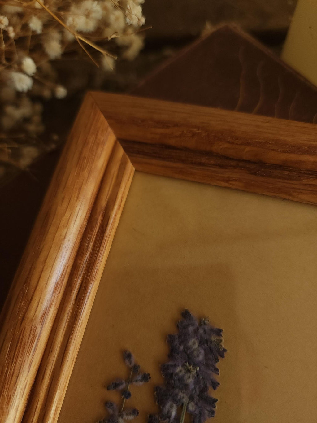 Pressed Dried Russian Sage Flowers in Vintage Wood Frame