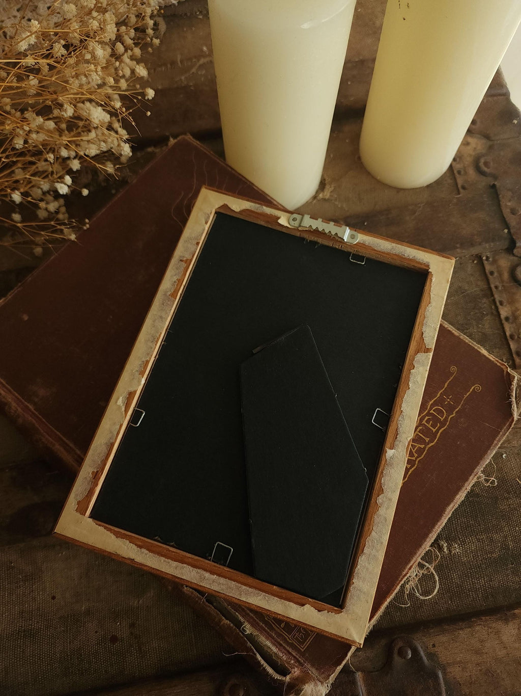 Pressed Dried Russian Sage Flowers in Vintage Wood Frame
