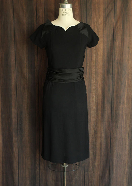 Vintage 1950s  Black Rayon Dress With Cummerbund Belt and Sweetheart Neckline