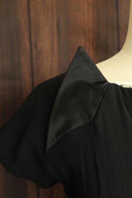Vintage 1950s  Black Rayon Dress With Cummerbund Belt and Sweetheart Neckline