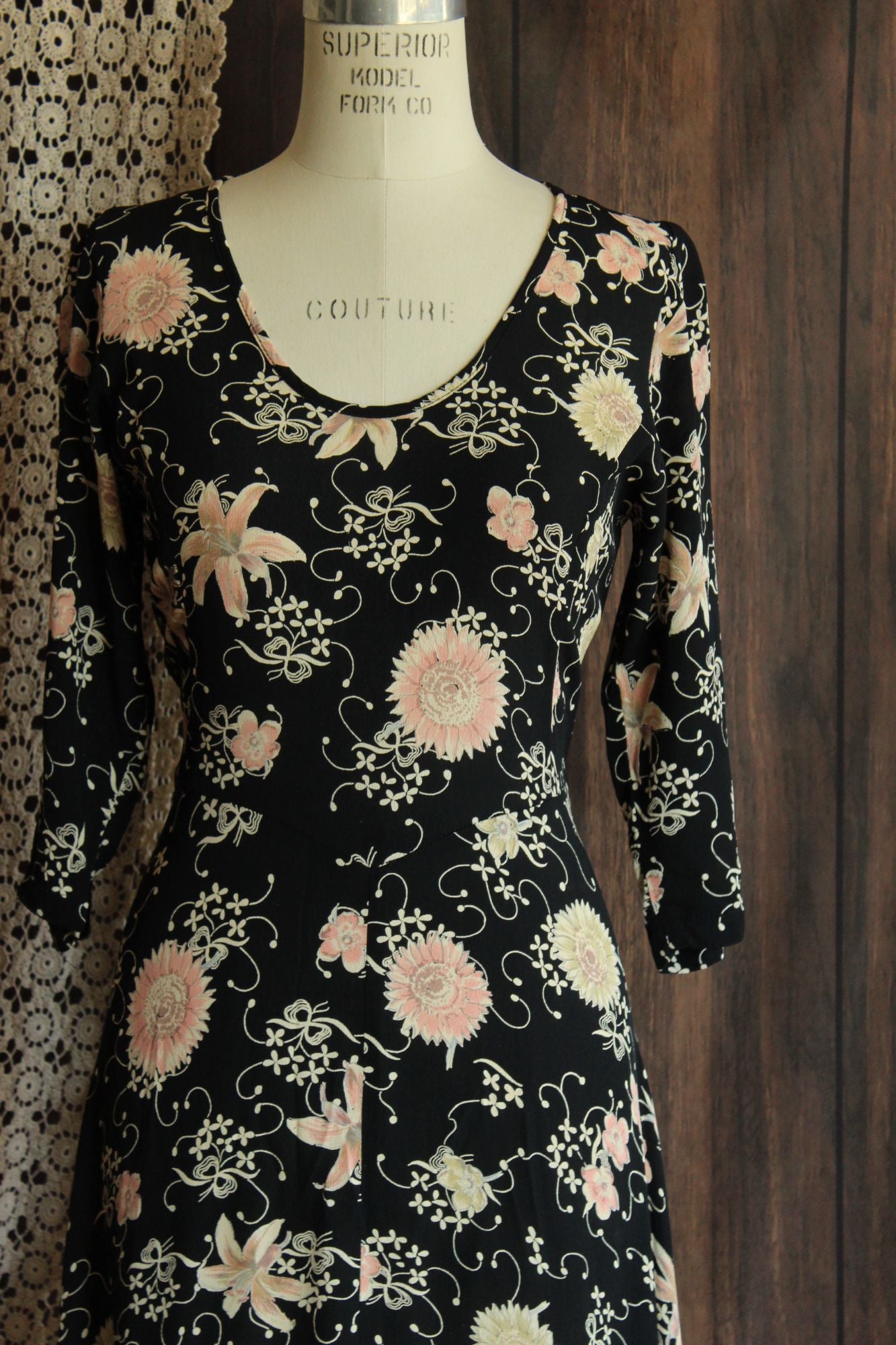 Vintage 1980's 1990s Zoe Black Floral Print Rayon Dress