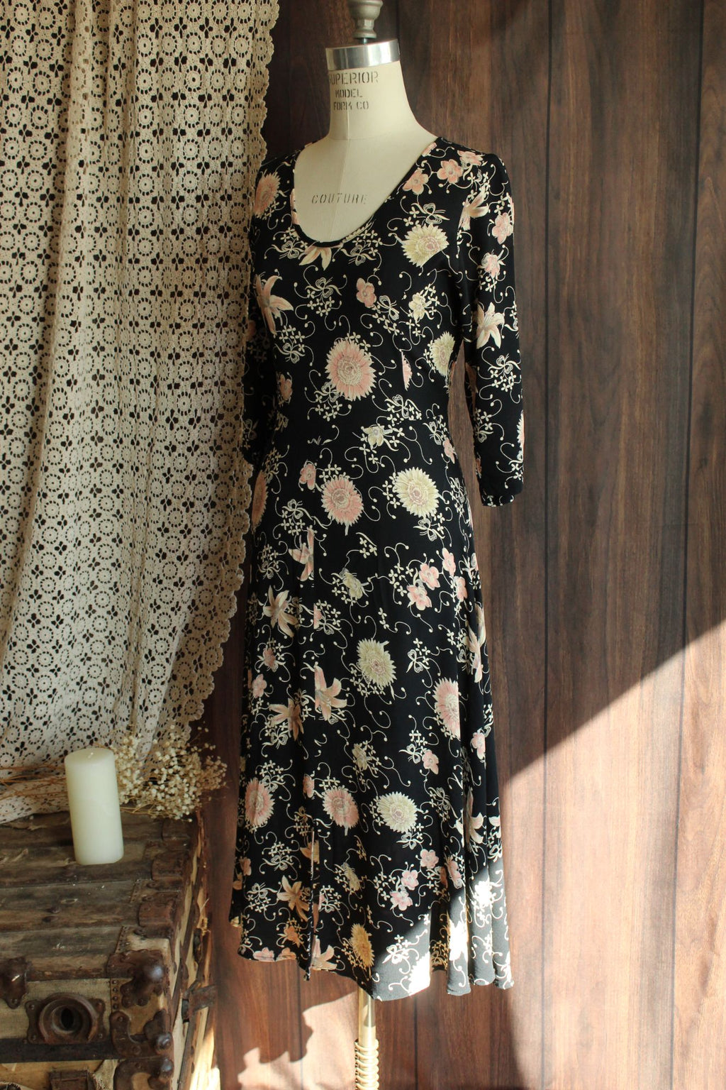 Vintage 1980's 1990s Zoe Black Floral Print Rayon Dress