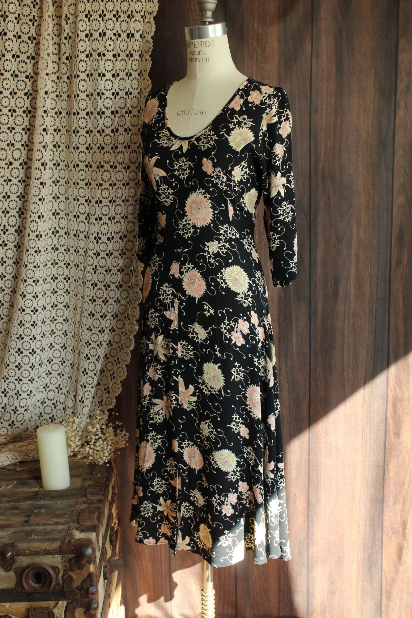 Vintage 1980's 1990s Zoe Black Floral Print Rayon Dress