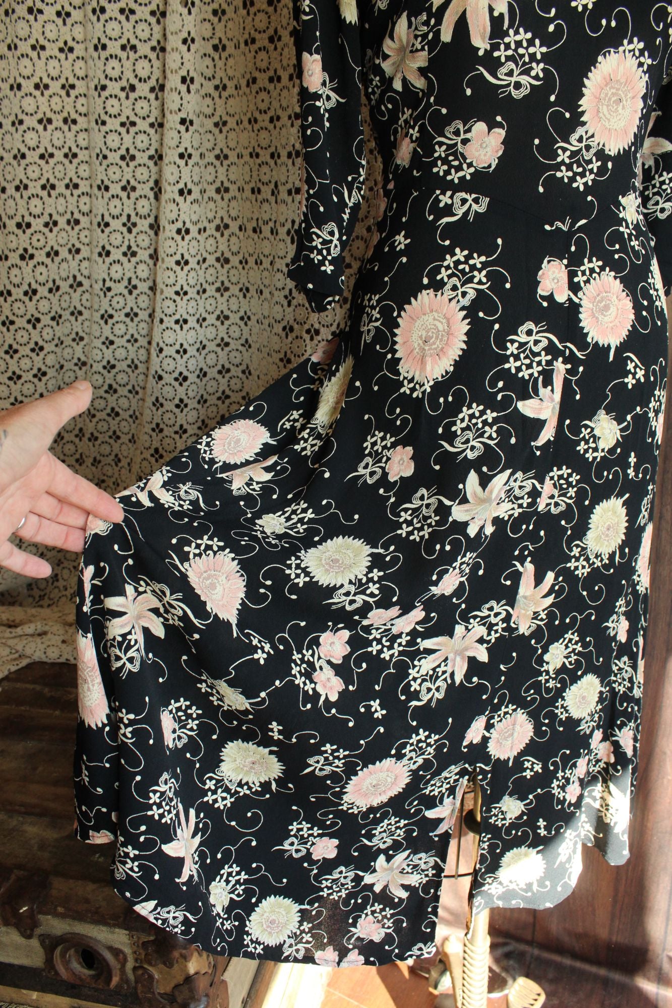 Vintage 1980's 1990s Zoe Black Floral Print Rayon Dress