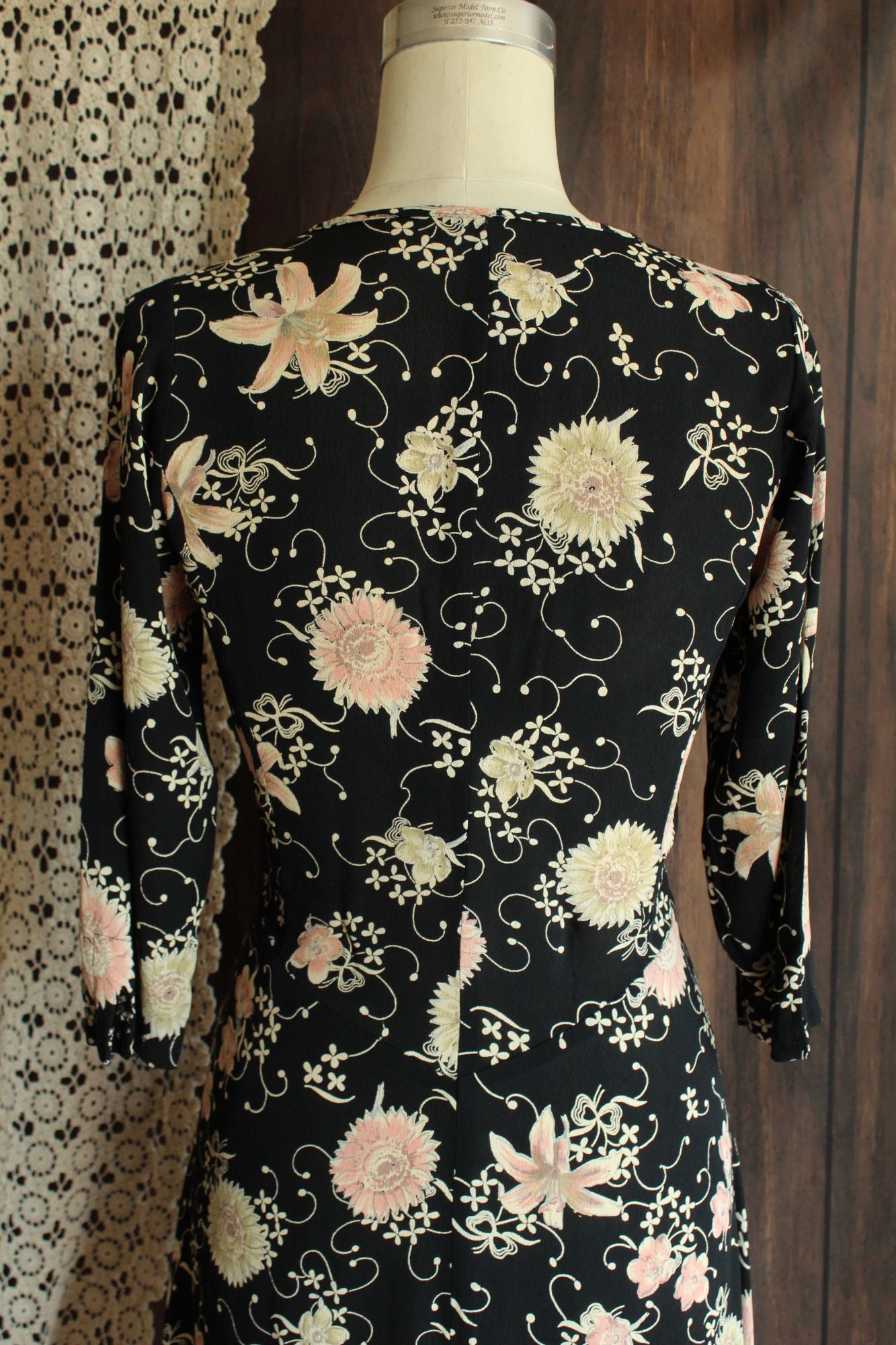 Vintage 1980's 1990s Zoe Black Floral Print Rayon Dress