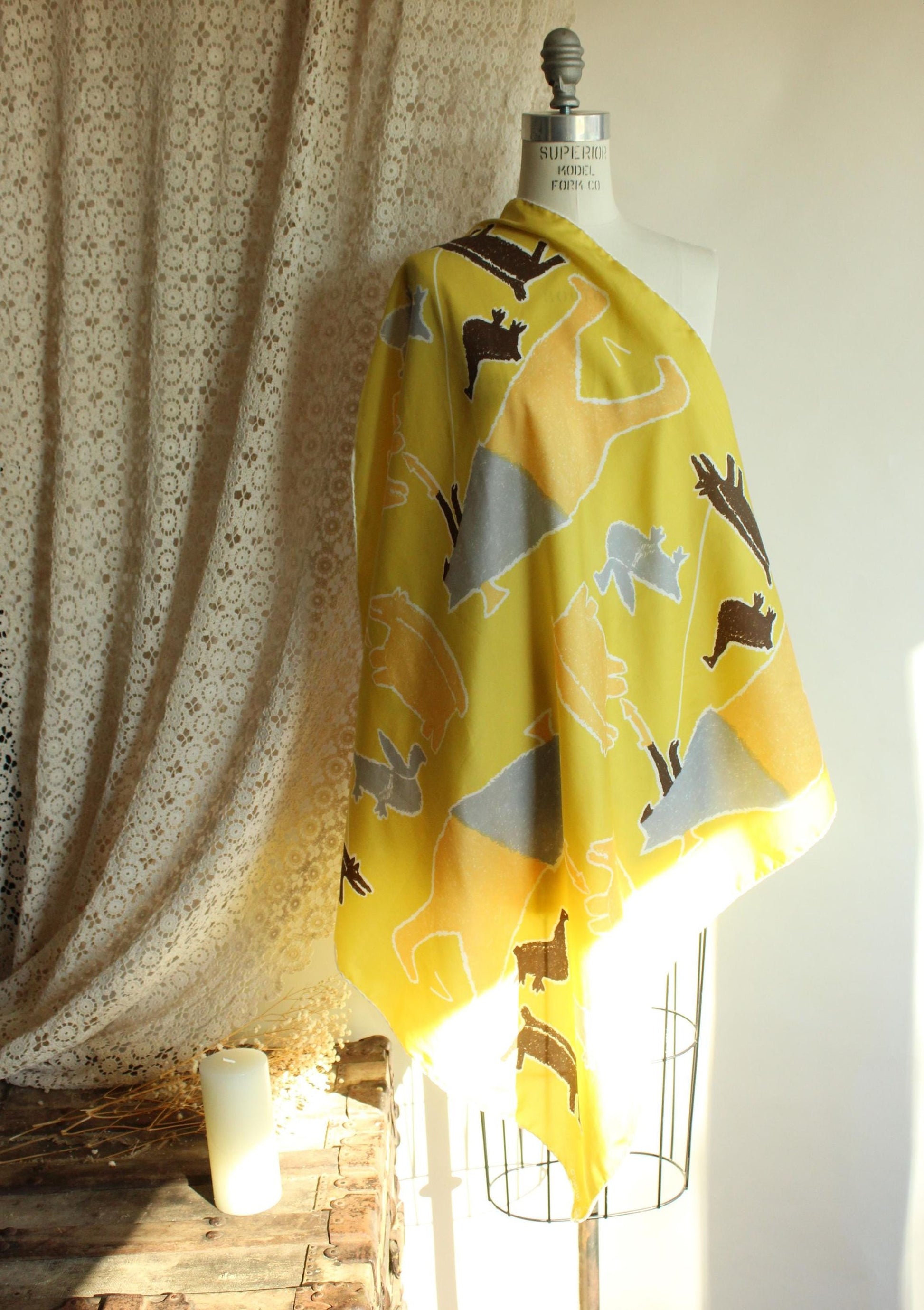 Vintage 1970s Parr Inunoo Inuit Yellow and Brown Square Scarf