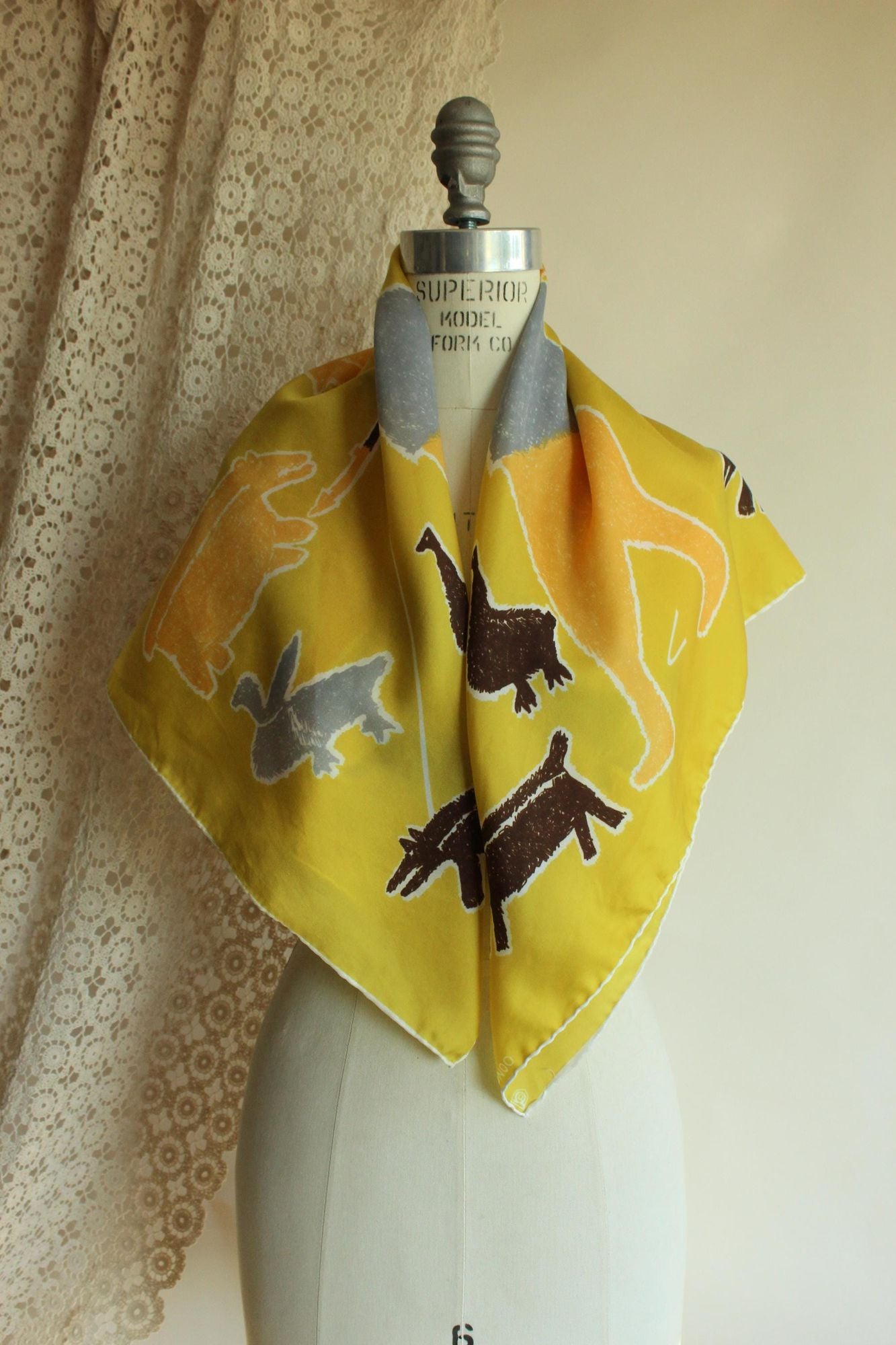Vintage 1970s Parr Inunoo Inuit Yellow and Brown Square Scarf