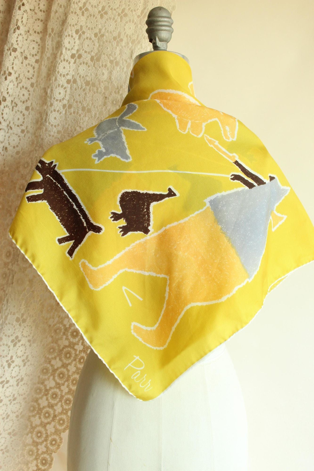 Vintage 1970s Parr Inunoo Inuit Yellow and Brown Square Scarf