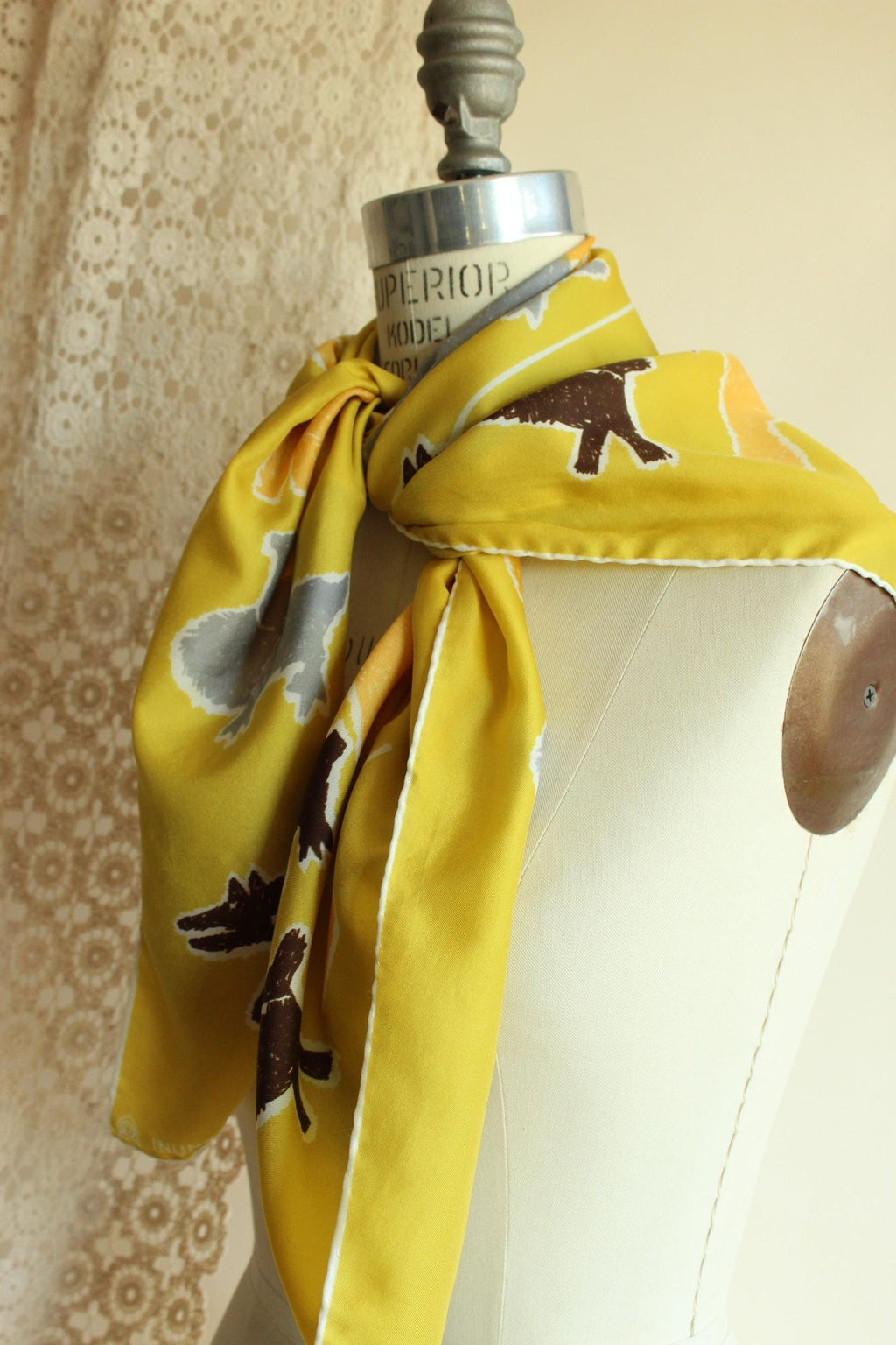 Vintage 1970s Parr Inunoo Inuit Yellow and Brown Square Scarf