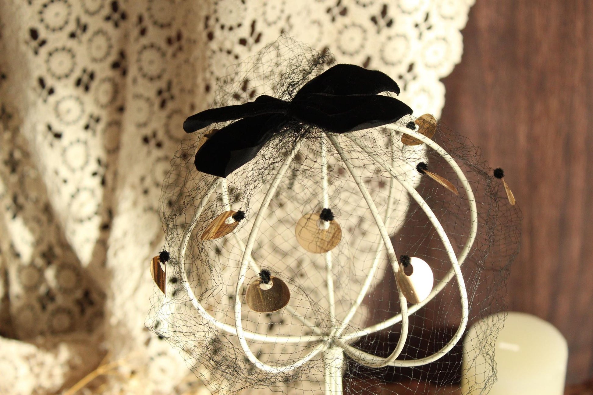 Vintage 1950s Veil Fascinator, Black Birdcage Netting Velvet Bow and Sequins, Millinery