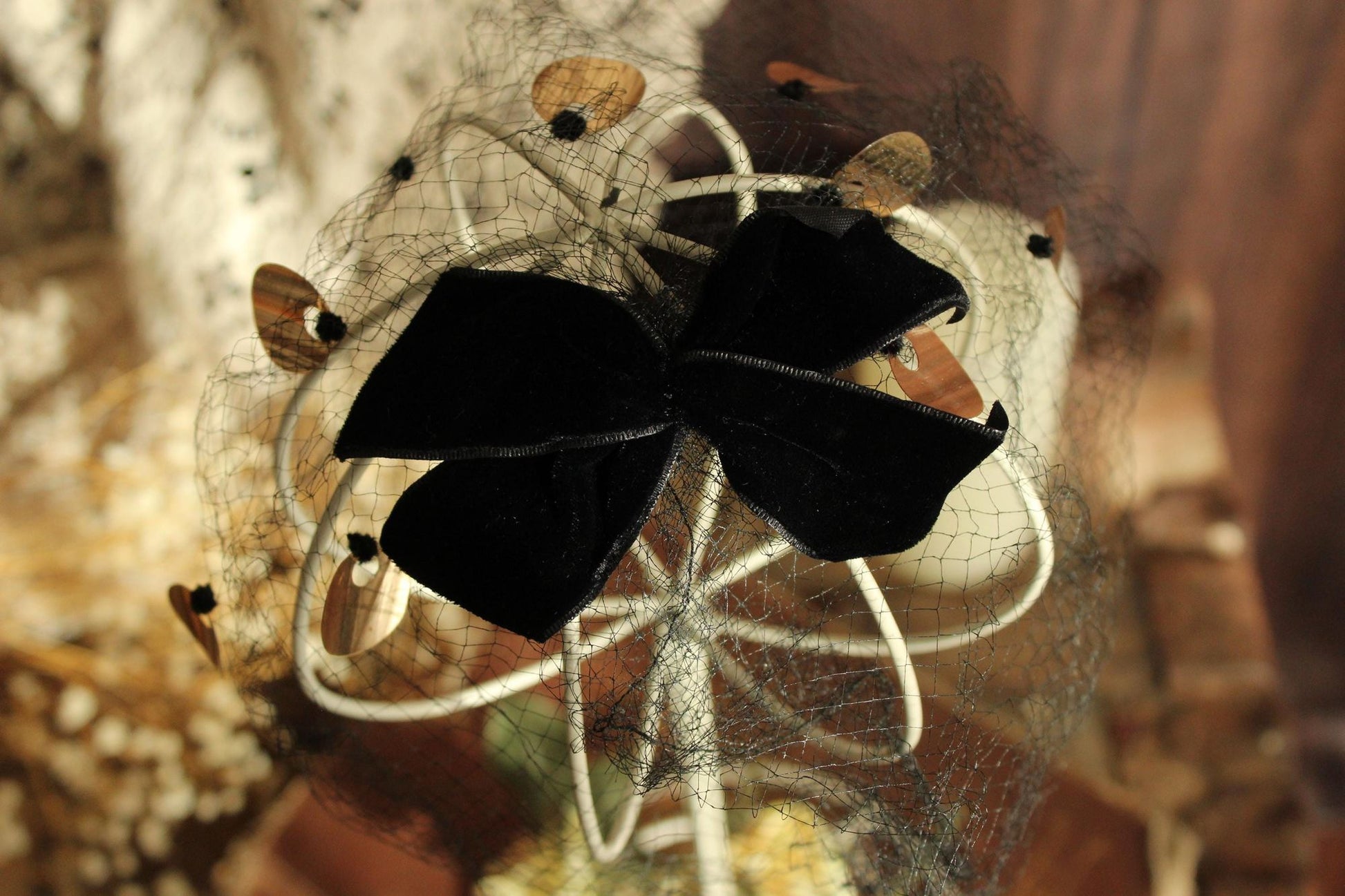 Vintage 1950s Veil Fascinator, Black Birdcage Netting Velvet Bow and Sequins, Millinery