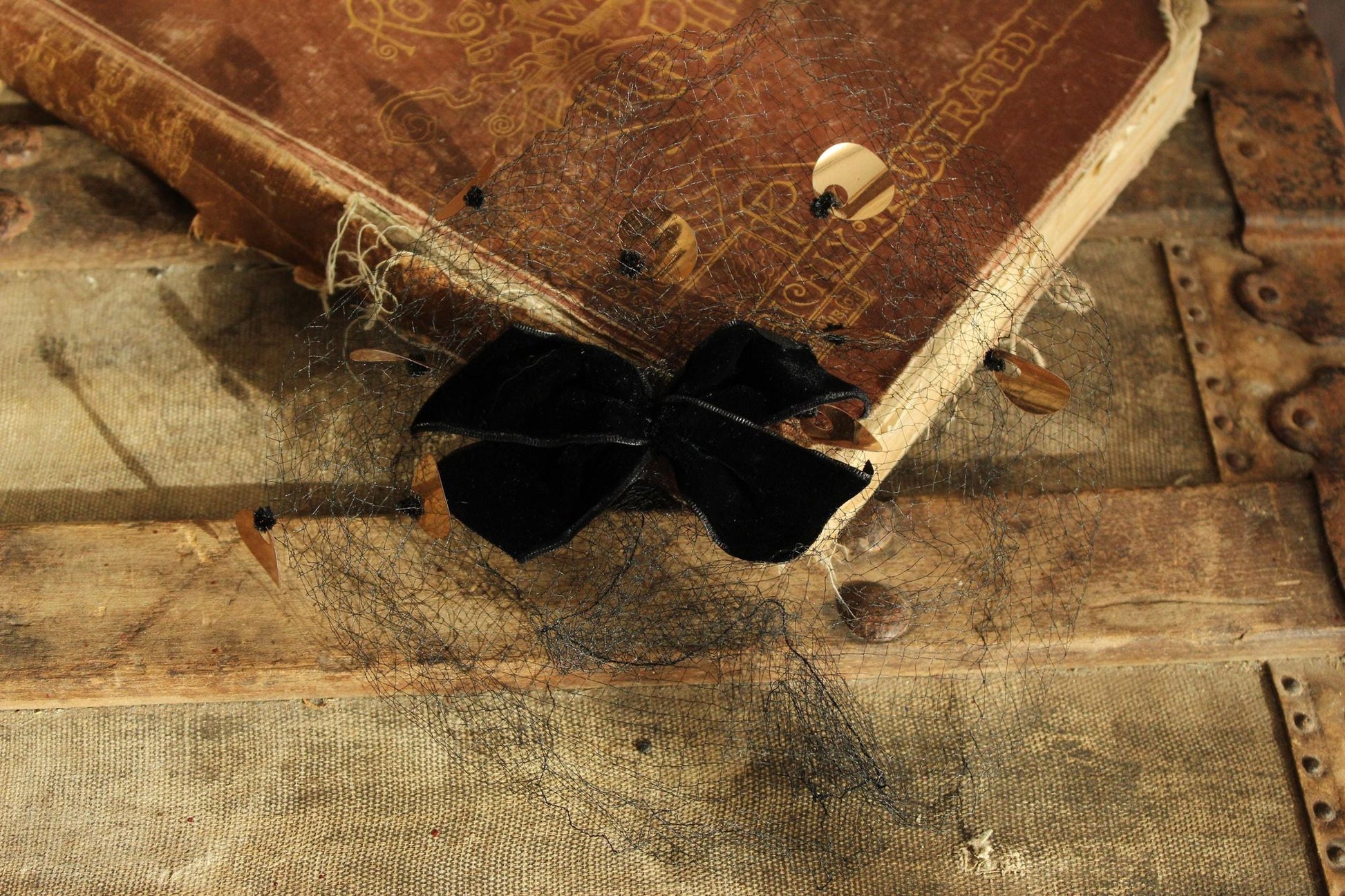 Vintage 1950s Veil Fascinator, Black Birdcage Netting Velvet Bow and Sequins, Millinery