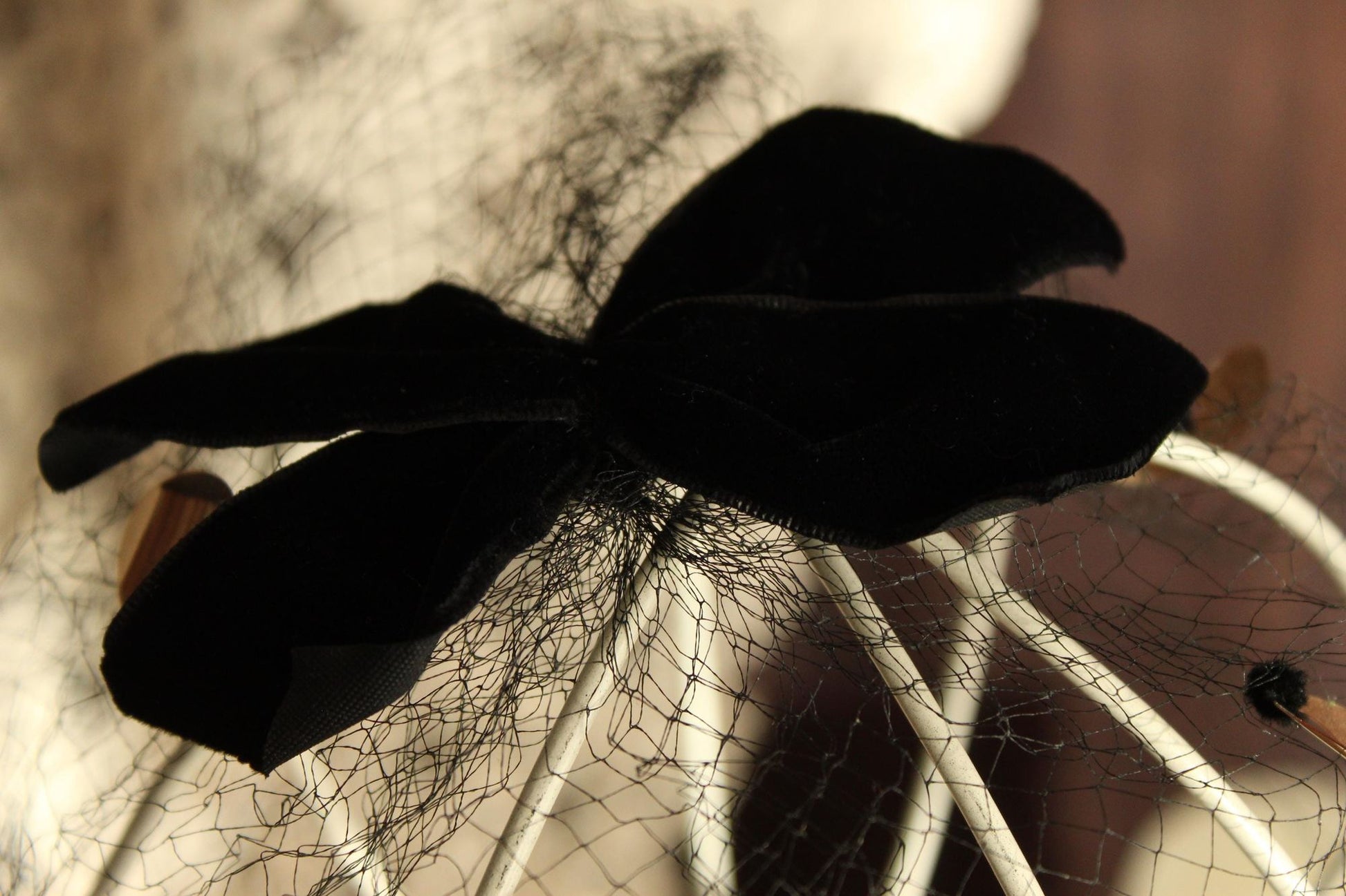 Vintage 1950s Veil Fascinator, Black Birdcage Netting Velvet Bow and Sequins, Millinery