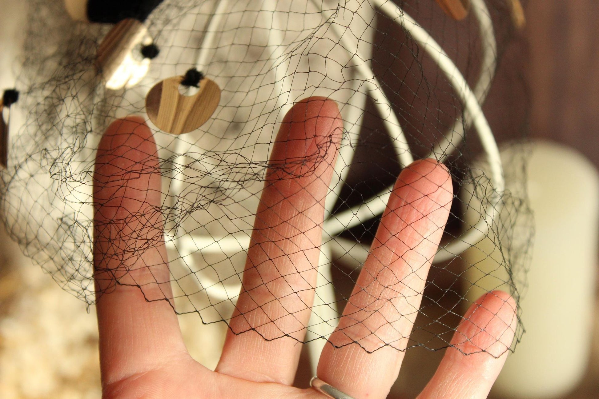 Vintage 1950s Veil Fascinator, Black Birdcage Netting Velvet Bow and Sequins, Millinery