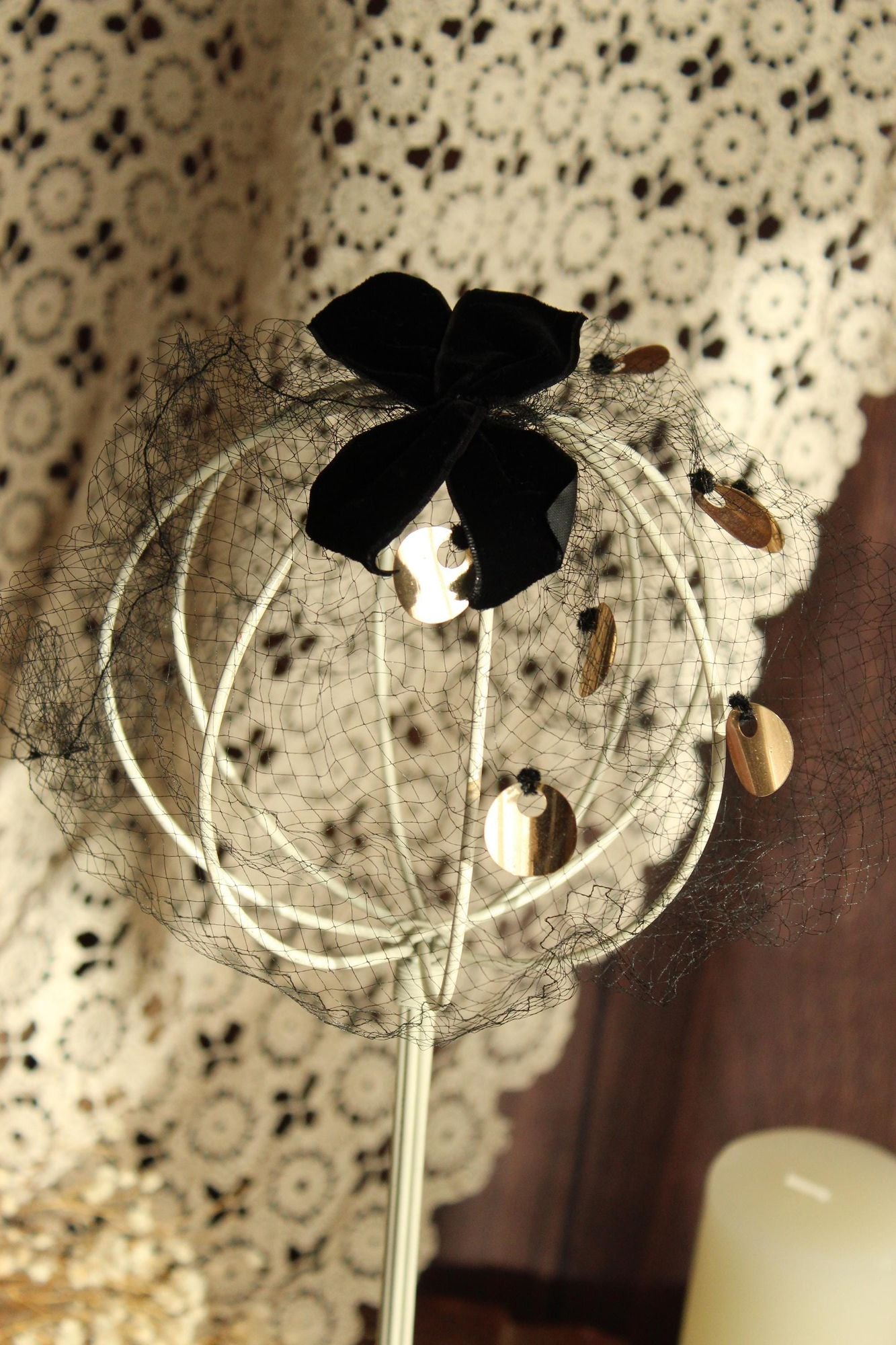 Vintage 1950s Veil Fascinator, Black Birdcage Netting Velvet Bow and Sequins, Millinery