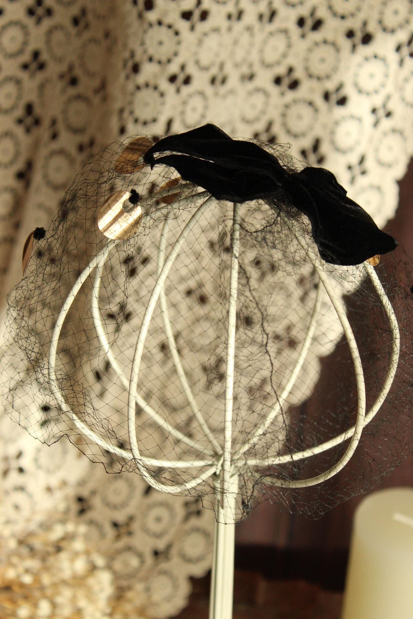 Vintage 1950s Veil Fascinator, Black Birdcage Netting Velvet Bow and Sequins, Millinery