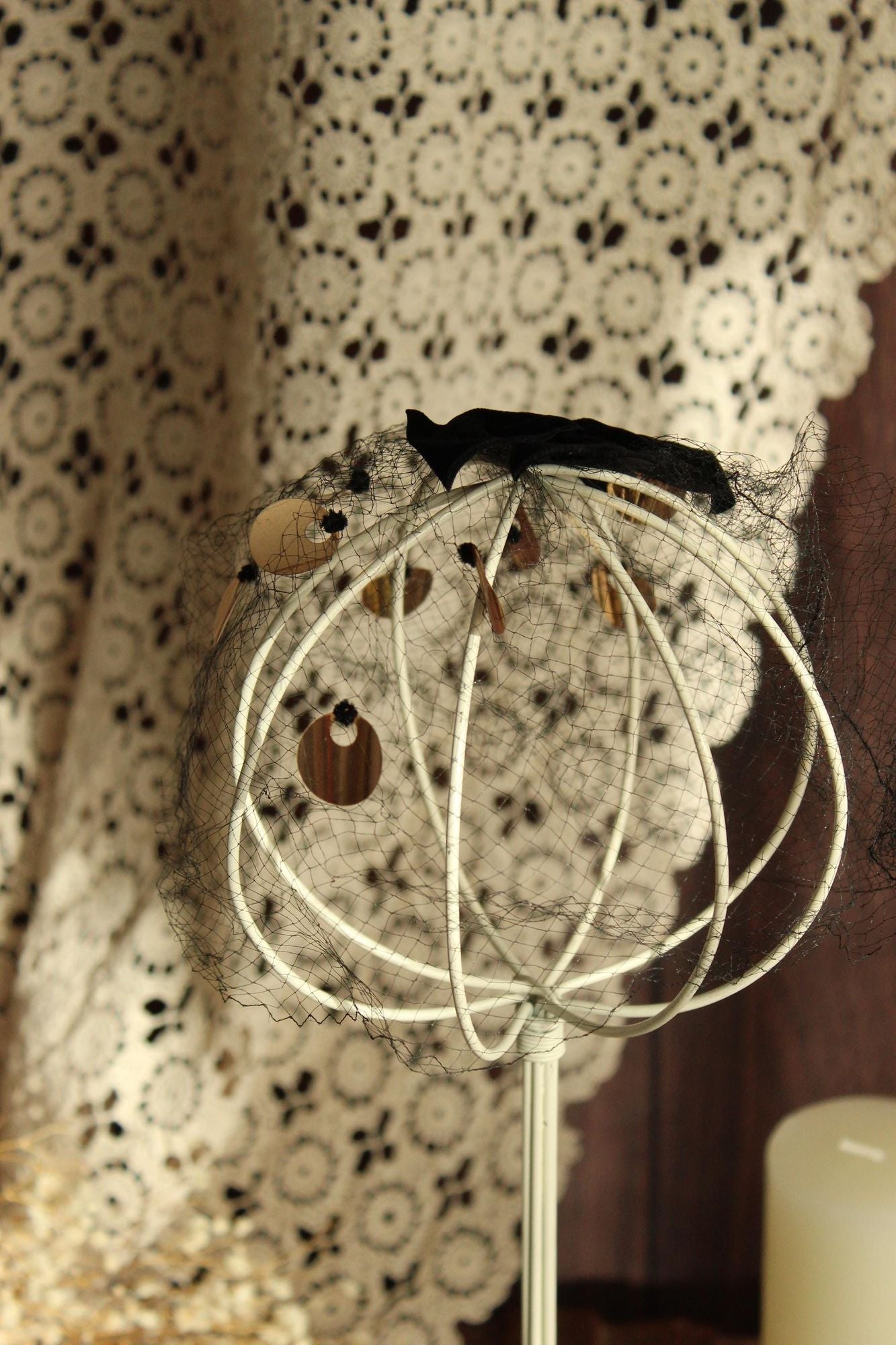 Vintage 1950s Veil Fascinator, Black Birdcage Netting Velvet Bow and Sequins, Millinery