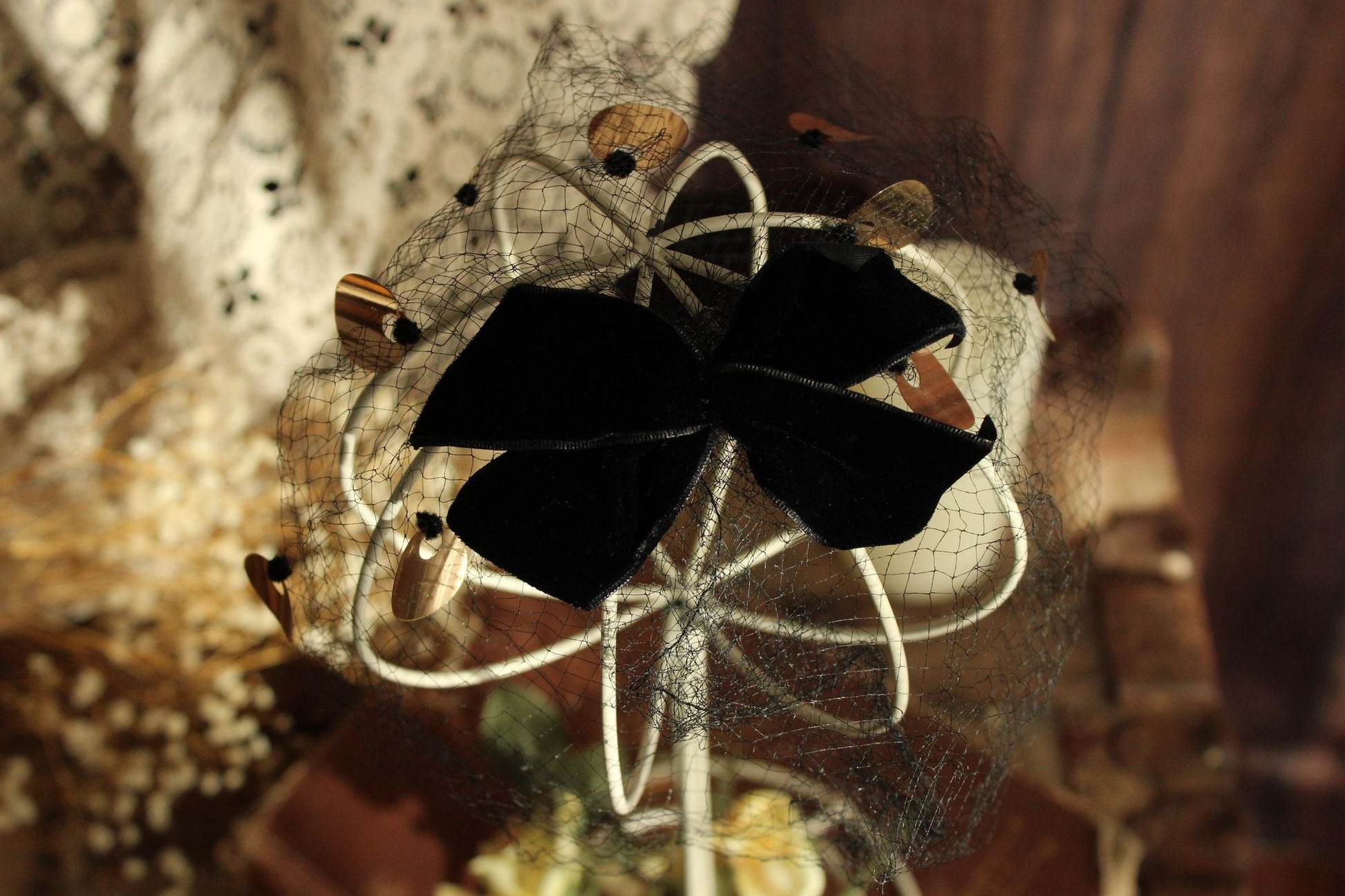 Vintage 1950s Veil Fascinator, Black Birdcage Netting Velvet Bow and Sequins, Millinery