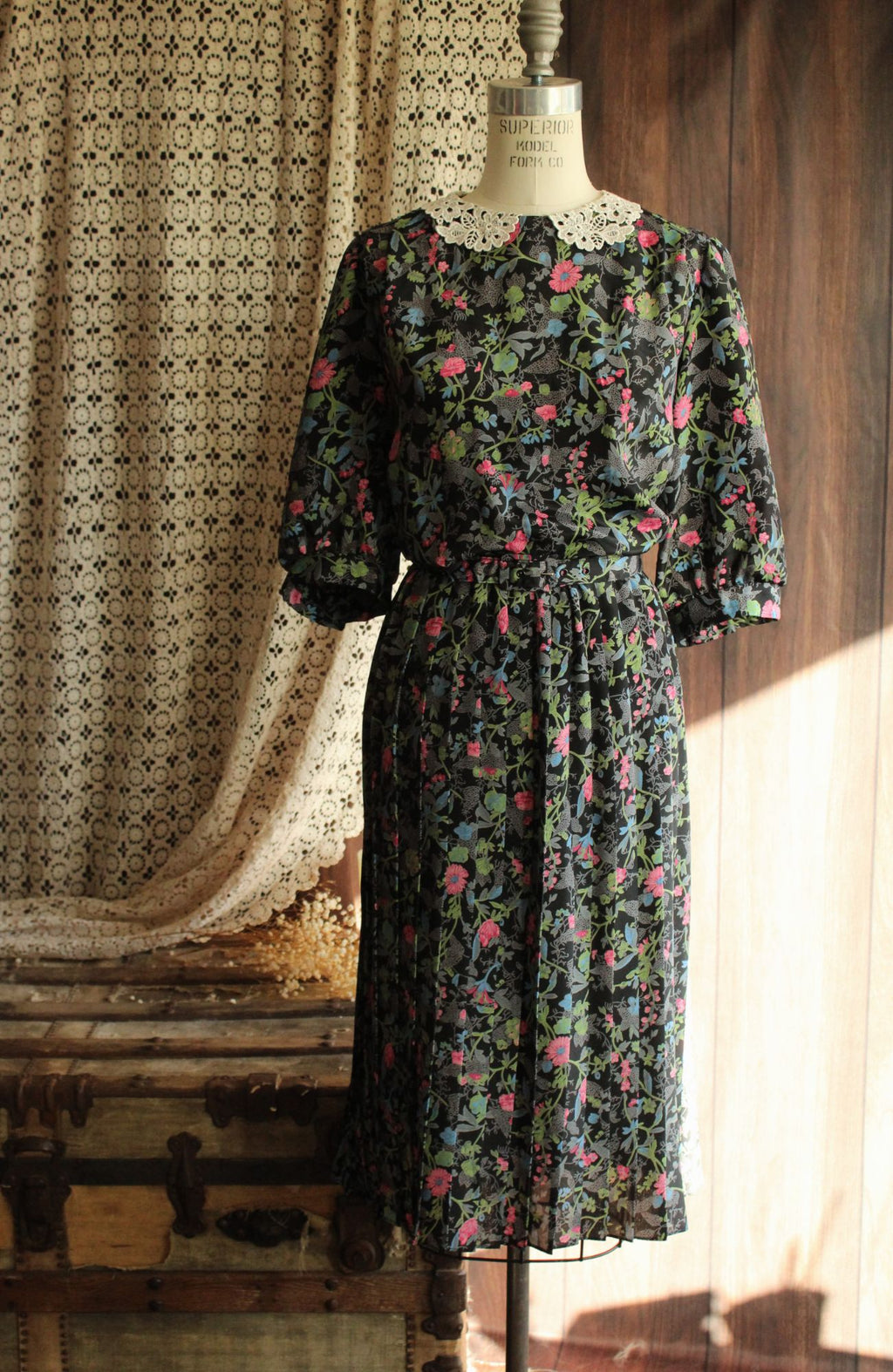 Vintage 1980's Dress with Belt in a Black Floral Print