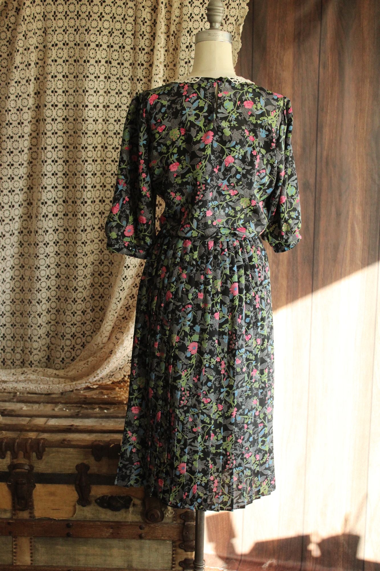 Vintage 1980's Dress with Belt in a Black Floral Print