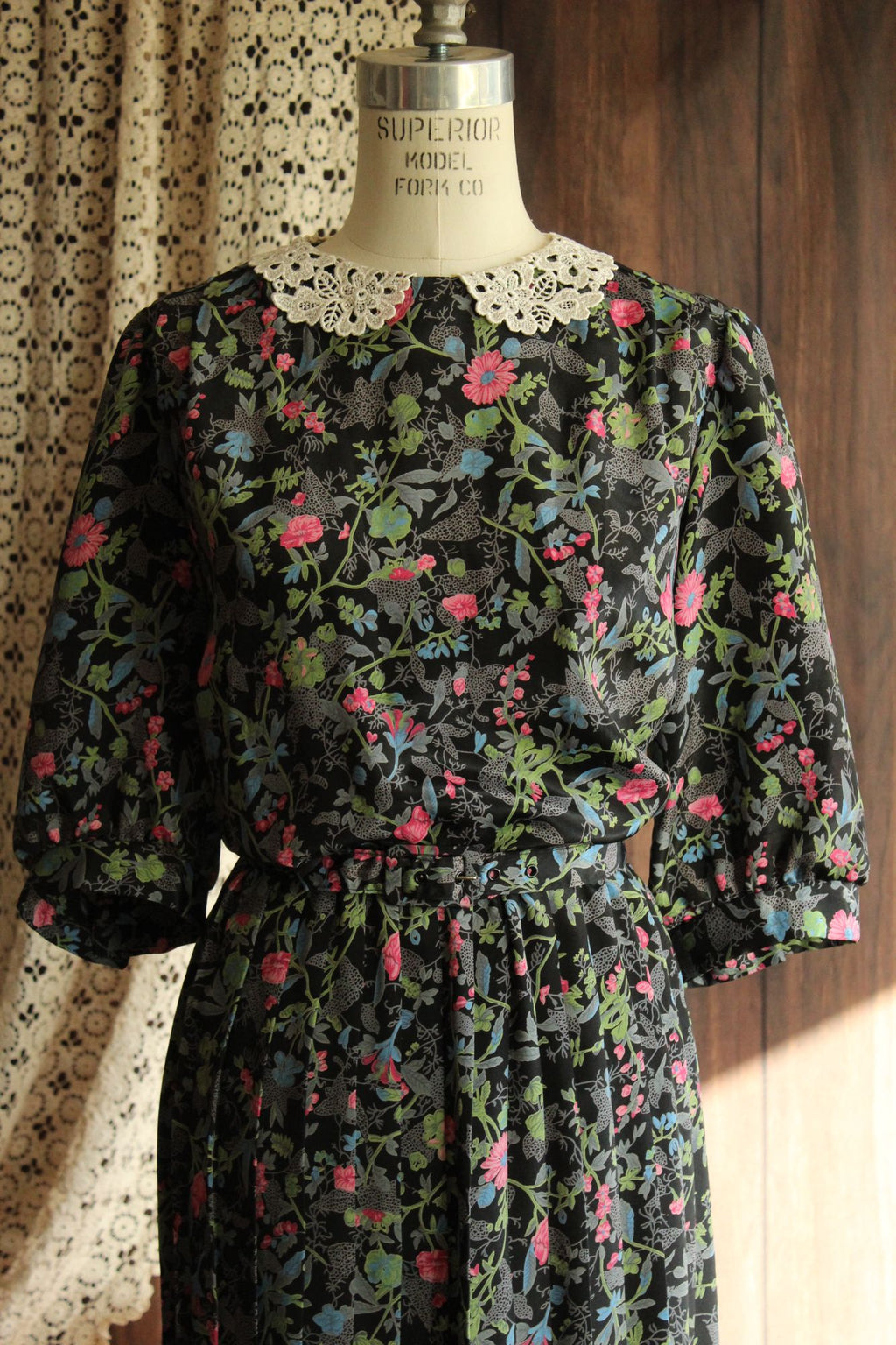 Vintage 1980's Dress with Belt in a Black Floral Print