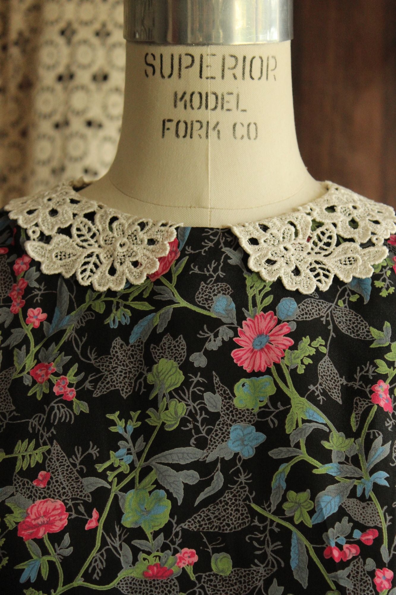Vintage 1980's Dress with Belt in a Black Floral Print