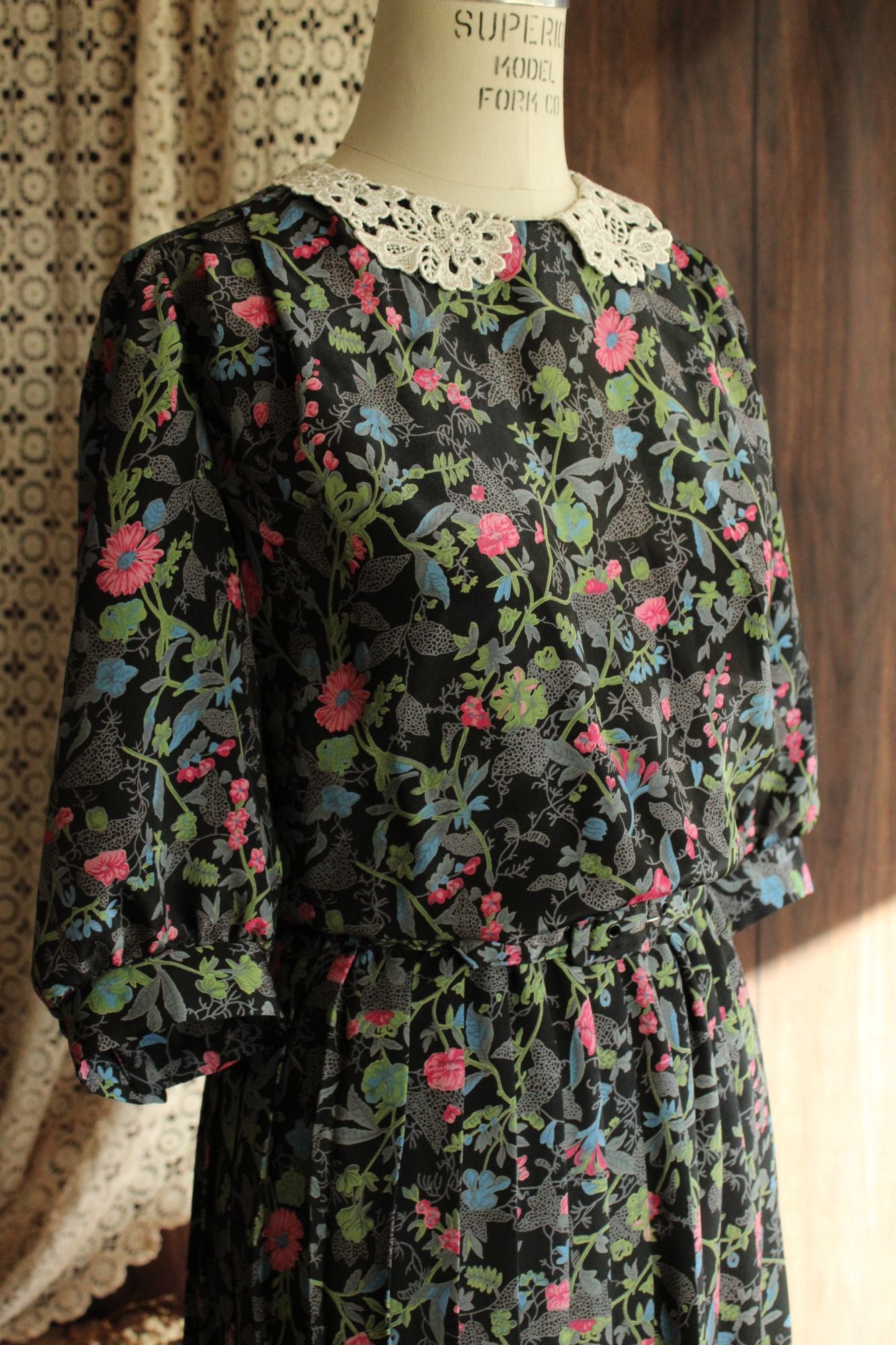 Vintage 1980's Dress with Belt in a Black Floral Print